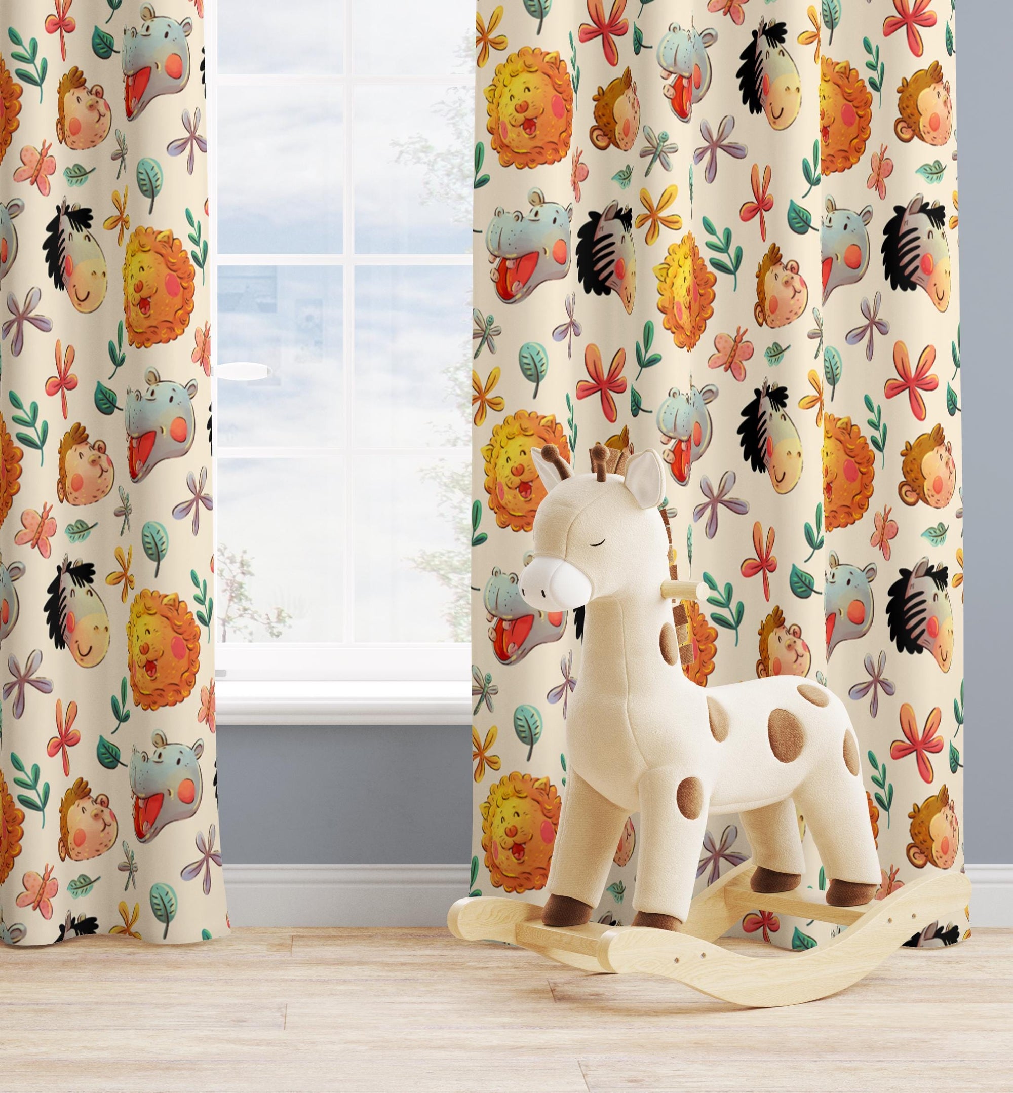 Cute Animals Print Curtain, Kids Room Drapes, Cute Safari Nursery Curtain, Cartoon Animal Art Window Curtain Panels, Toddler Print Drapes,