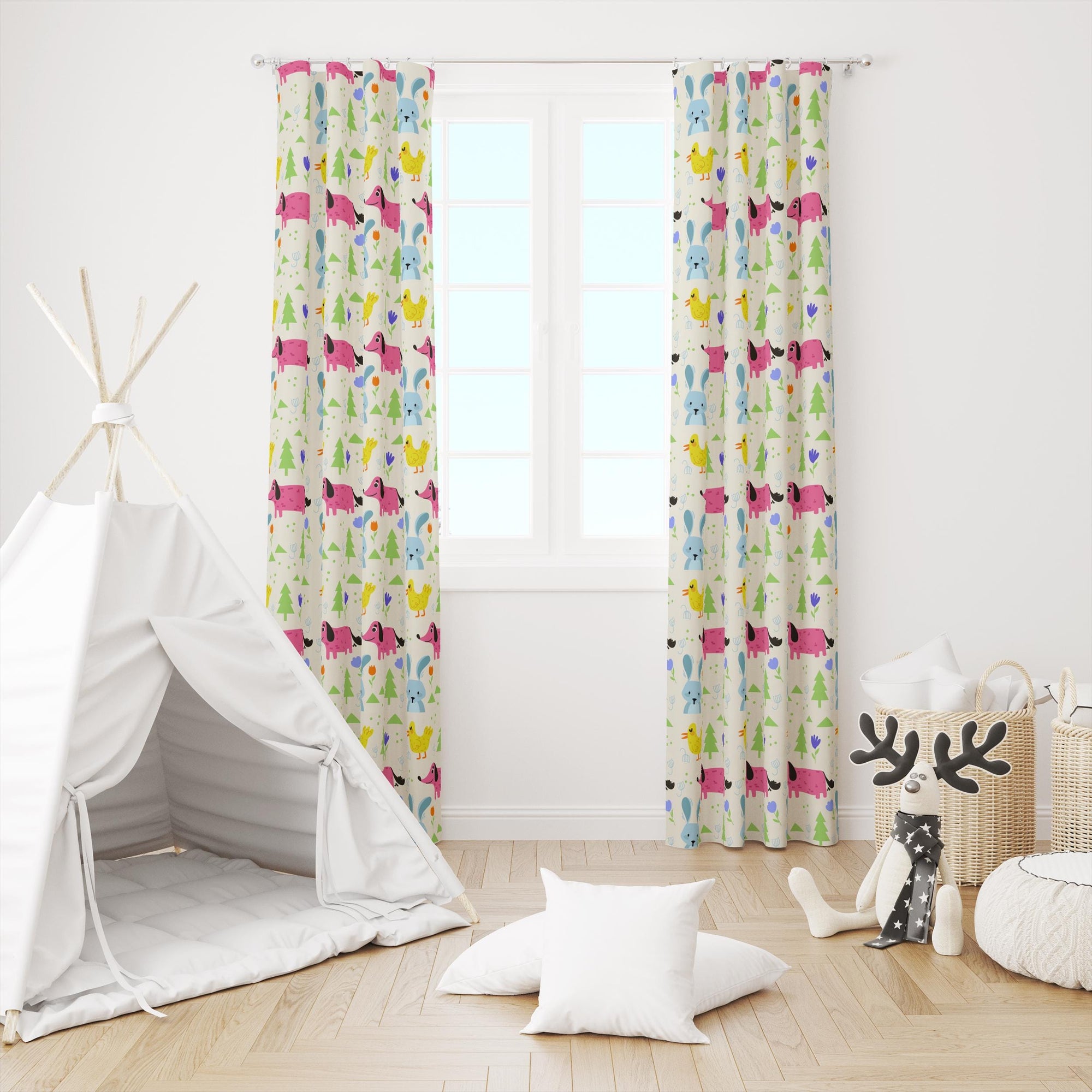 Cartoon Animal Window Curtain Panels, Cute Animals Print Curtain, Kids Room Drapes, Toddler Print Drapes, Cute Animals Nursery Curtain