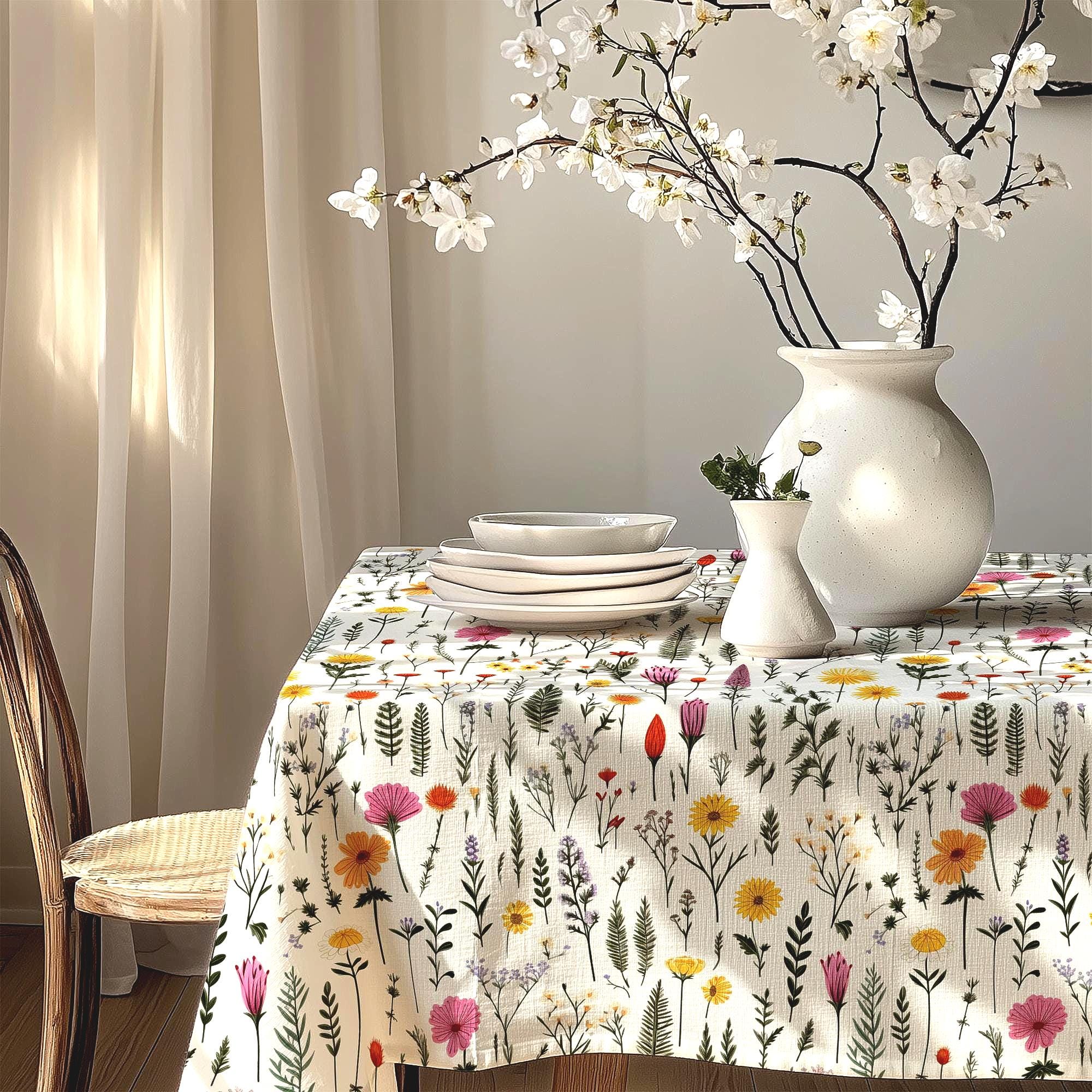 Wildflower Table Cloths, Botanical Floral Table Cover, Spring Summer Table Decor, Cottagecore Kitchen Table Linens, Nature Print Tablecloth