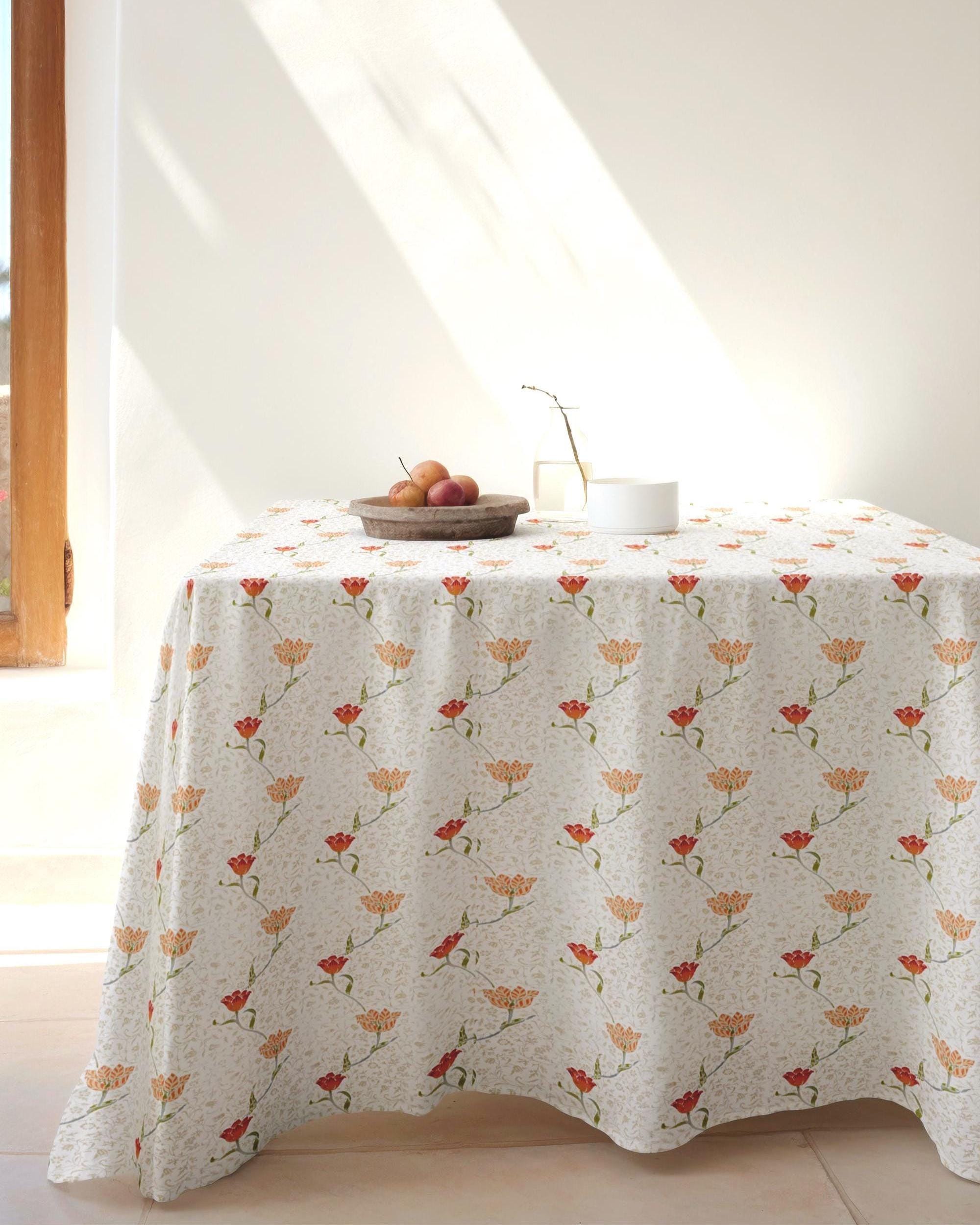 Floral Print Tablecloths, William Morriss Rectangle Tablecloths, Red Tulip Flowers Table Cloth, William Morriss Vintage Tulip Tablecloth