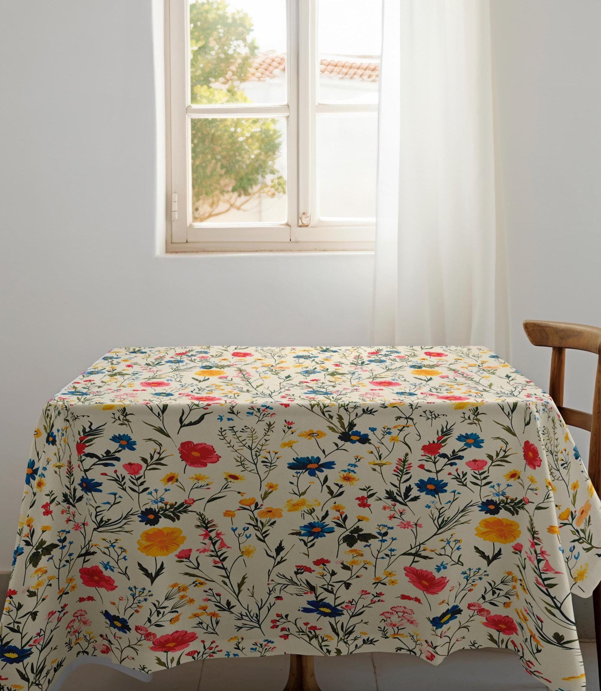 Floral Print Tablecloths, Wildflowers Rectangle Tablecloths, Flowers Table Cloth, Botanical Tablecloth, France Decor Vintage Tablecloth
