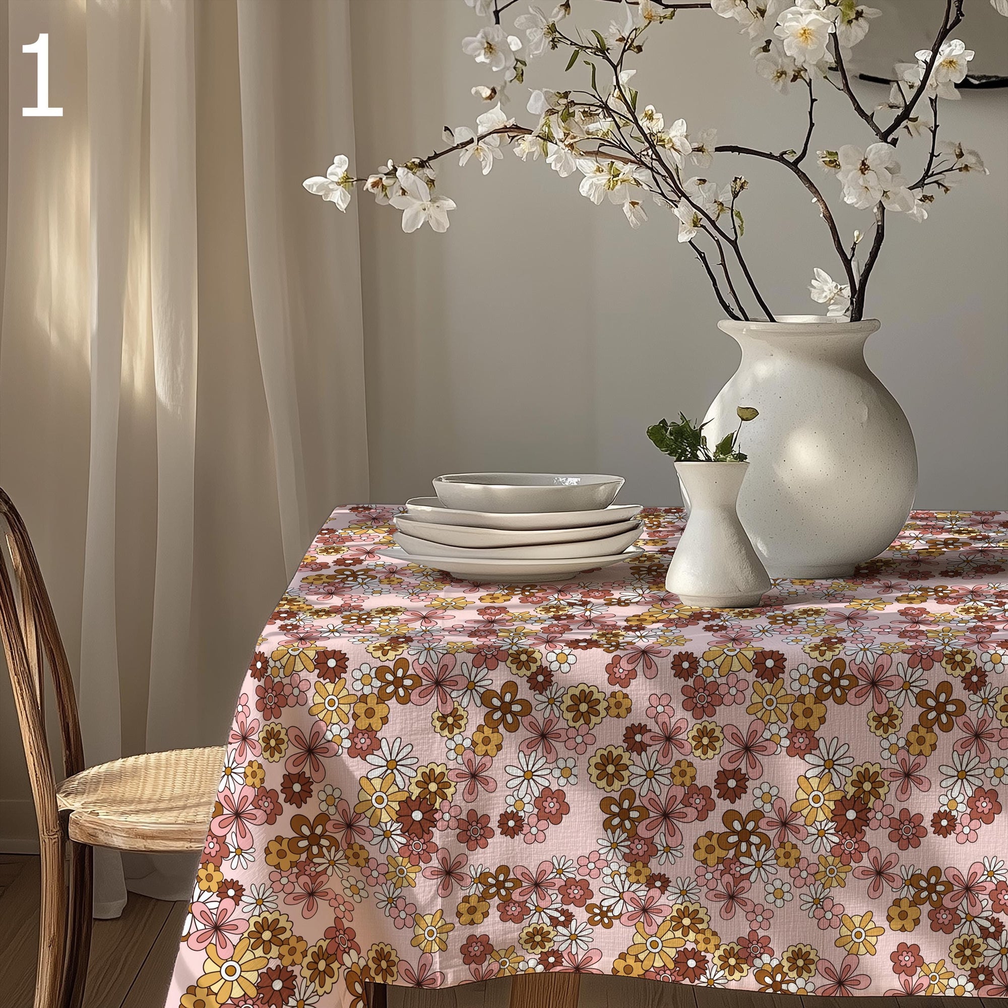 Floral Tablecloths, Retro Flowers Tablecloths, Retro Floral Table Cover, 70s Floral Summer Table Linens, Flowers Print Tablecloth