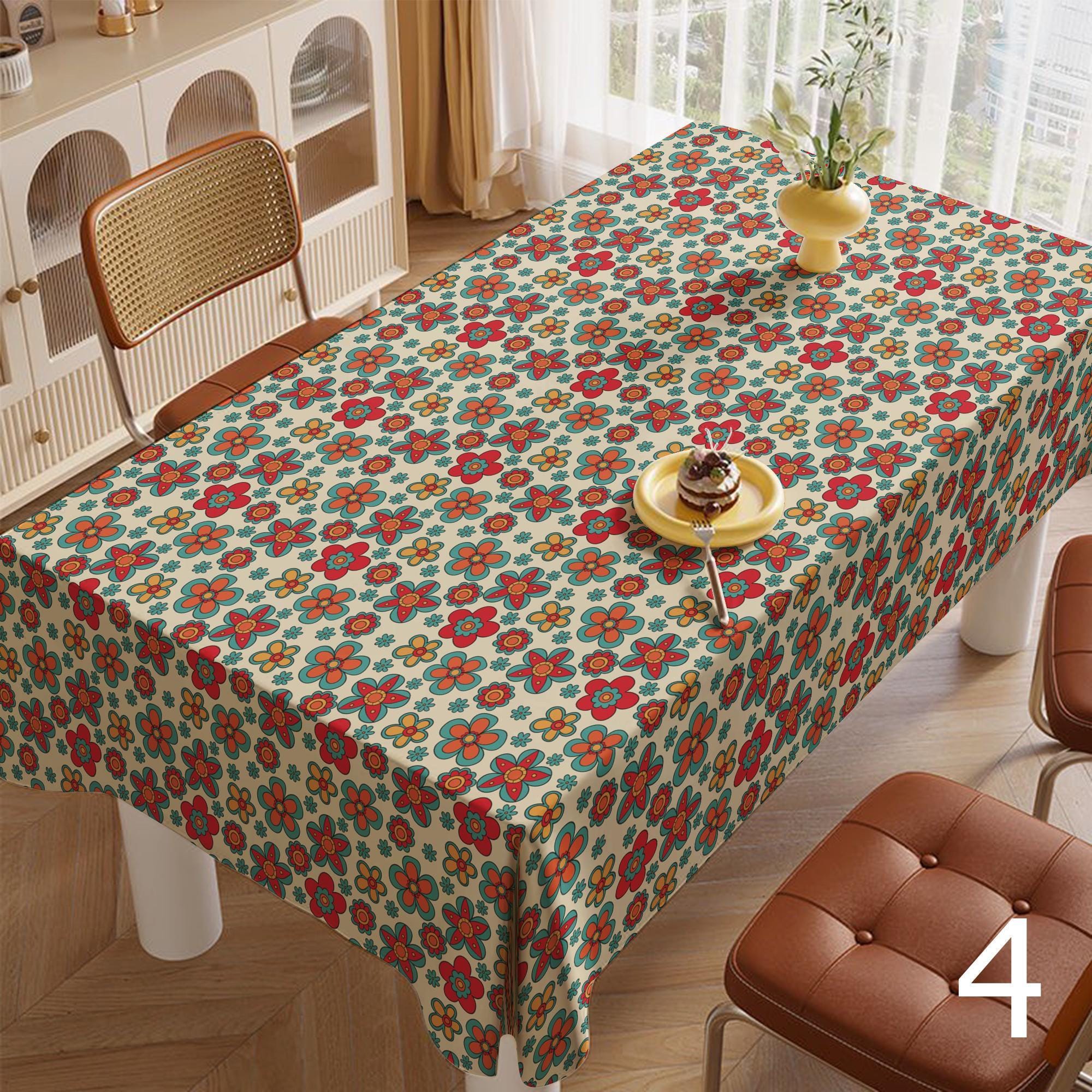 Retro Flower Table Cover, 60s 70s Boho Floral Kitchen Table Linens, Retro Floral Tablecloths, Mid Century Flower Print Table Cloths,