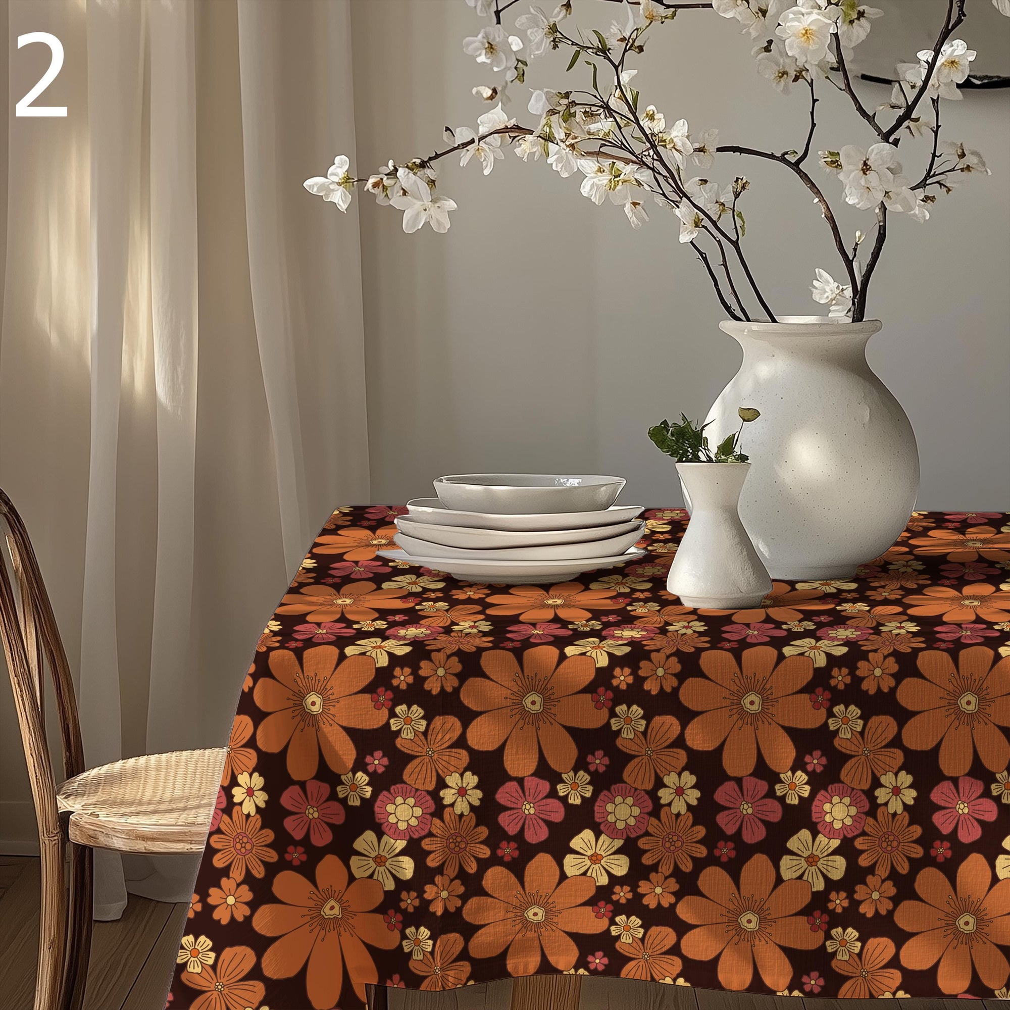 Floral Tablecloths, Retro Flowers Tablecloths, Retro Floral Table Cover, 70s Floral Summer Table Linens, Flowers Print Tablecloth