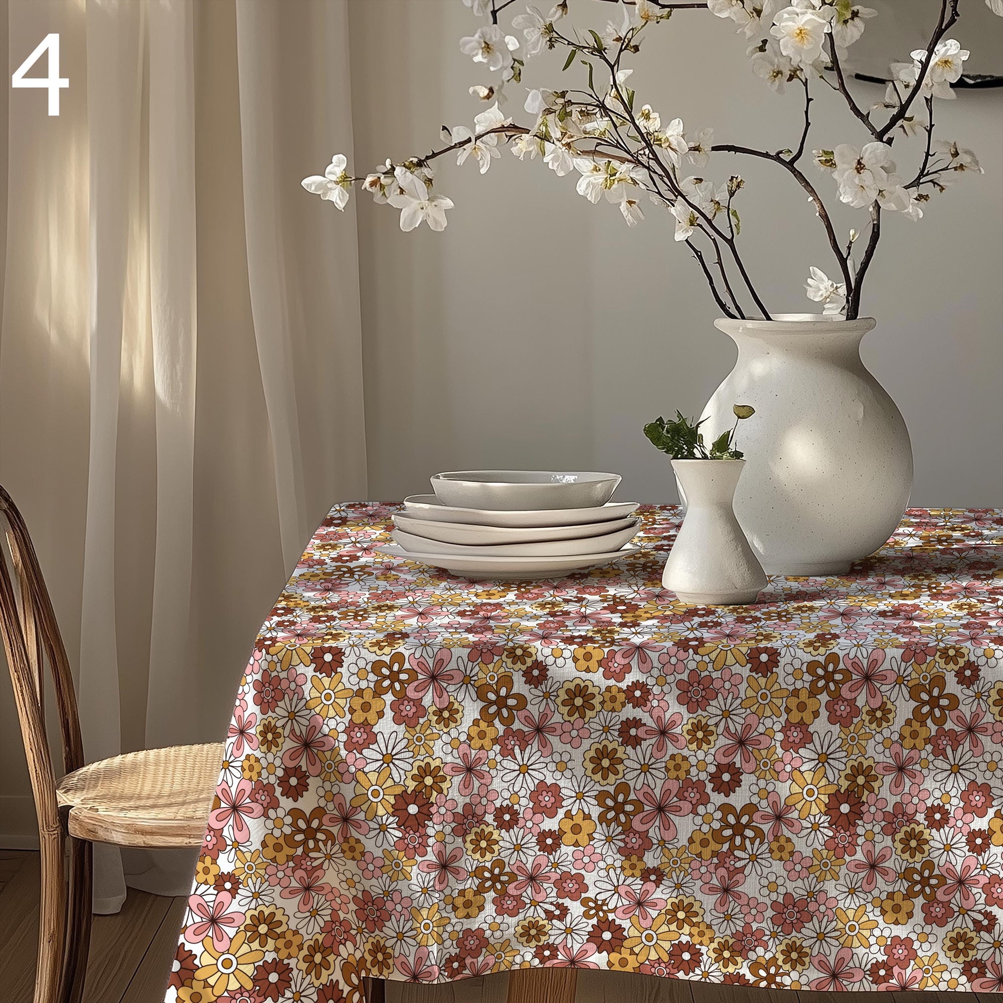 Floral Tablecloths, Retro Flowers Tablecloths, Retro Floral Table Cover, 70s Floral Summer Table Linens, Flowers Print Tablecloth