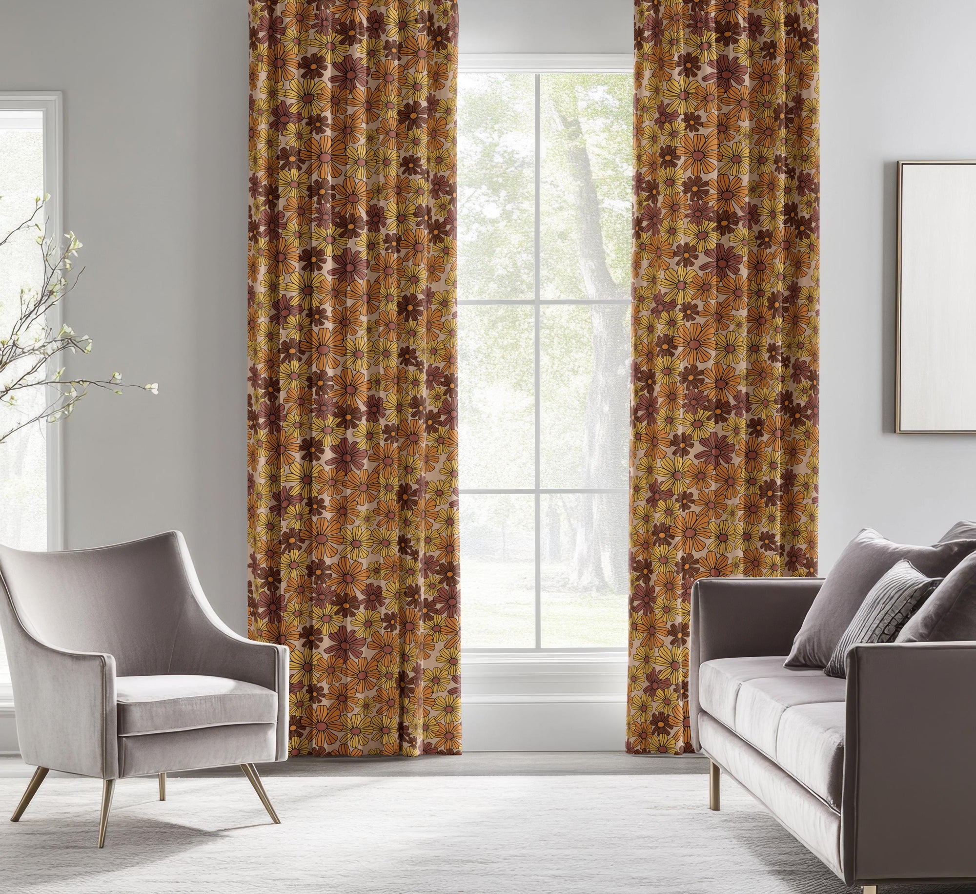 70s Style Floral Curtains, Retro Flowers Window Panels, Colorful Retro Floral Drapes, Floral Curtains, Mid Century Floral Curtain Panels