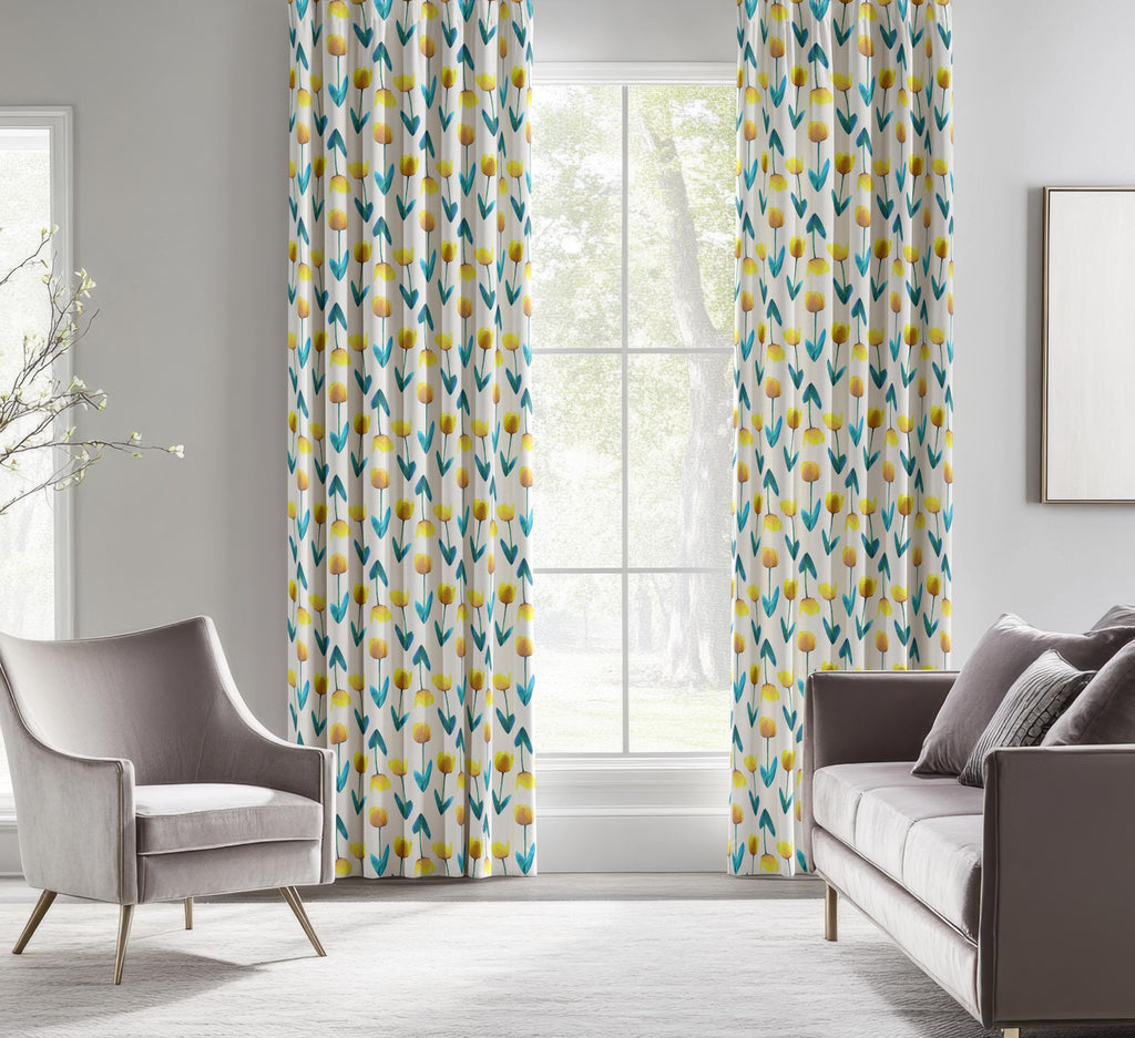 Floral Curtains, Tulip Curtains, Yellow Flowers Window Curtain Panels, Floral Drapes, Yellow Floral Print Curtain Panels, Tulip Drapes