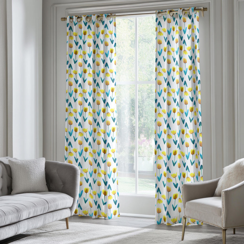 Floral Curtains, Tulip Curtains, Yellow Flowers Window Curtain Panels, Floral Drapes, Yellow Floral Print Curtain Panels, Tulip Drapes