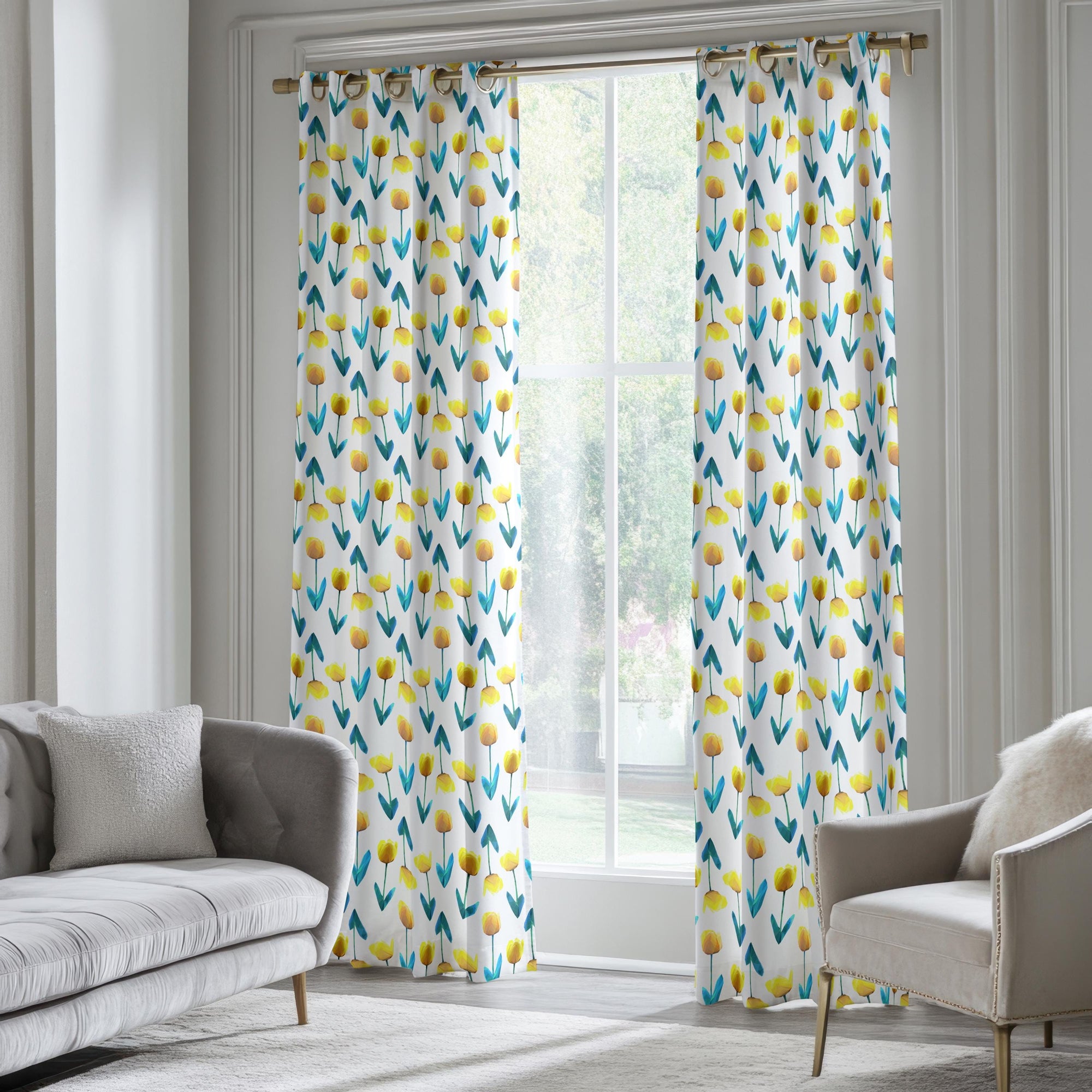 Floral Curtains, Tulip Curtains, Yellow Flowers Window Curtain Panels, Floral Drapes, Yellow Floral Print Curtain Panels, Tulip Drapes
