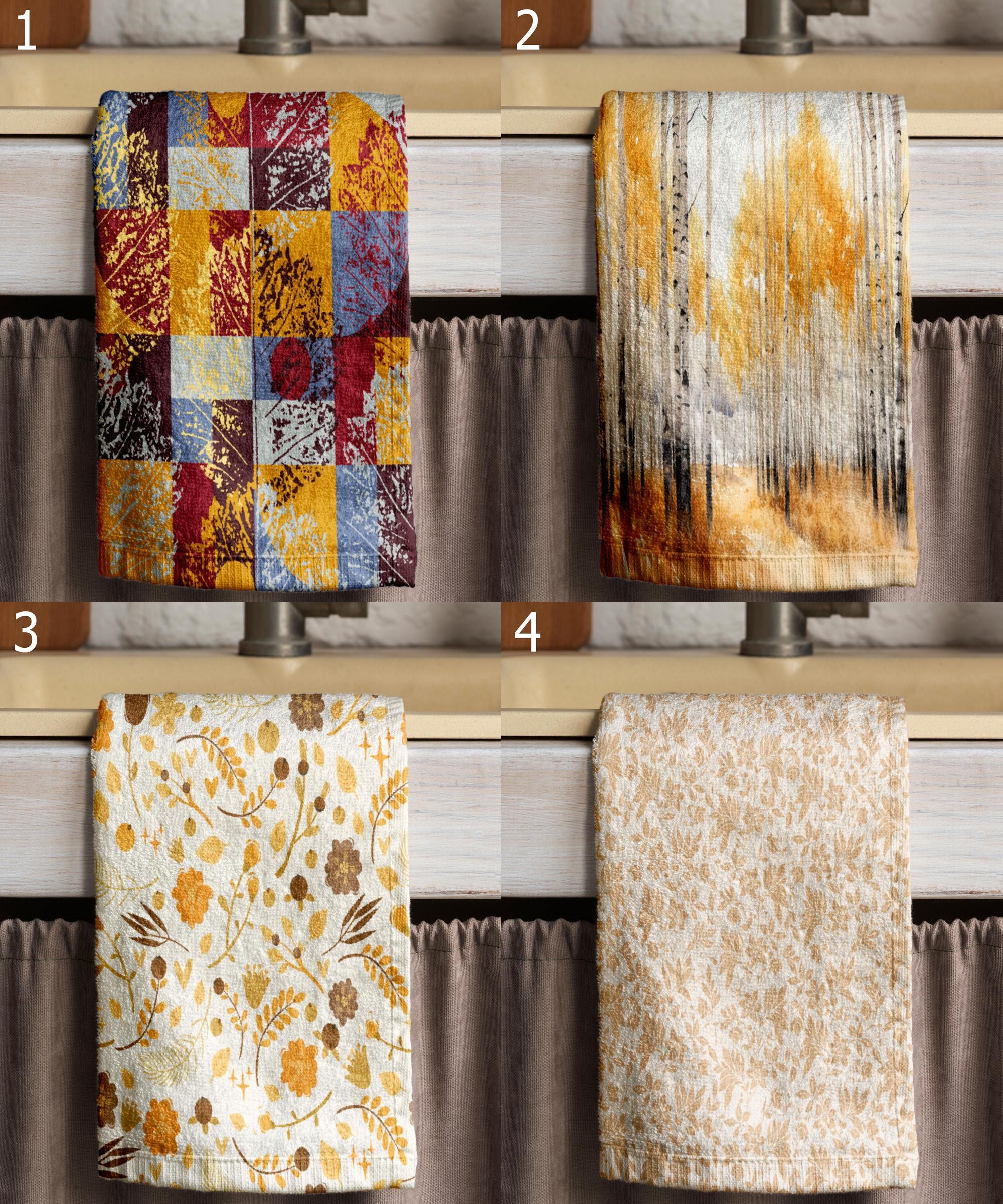 Autumn Kitchen Towels, Fall Tea Towels, Rustic Leaf Print Dish Towels, Thanksgiving Hand Towels, Nature Forest Decor Dish Towels