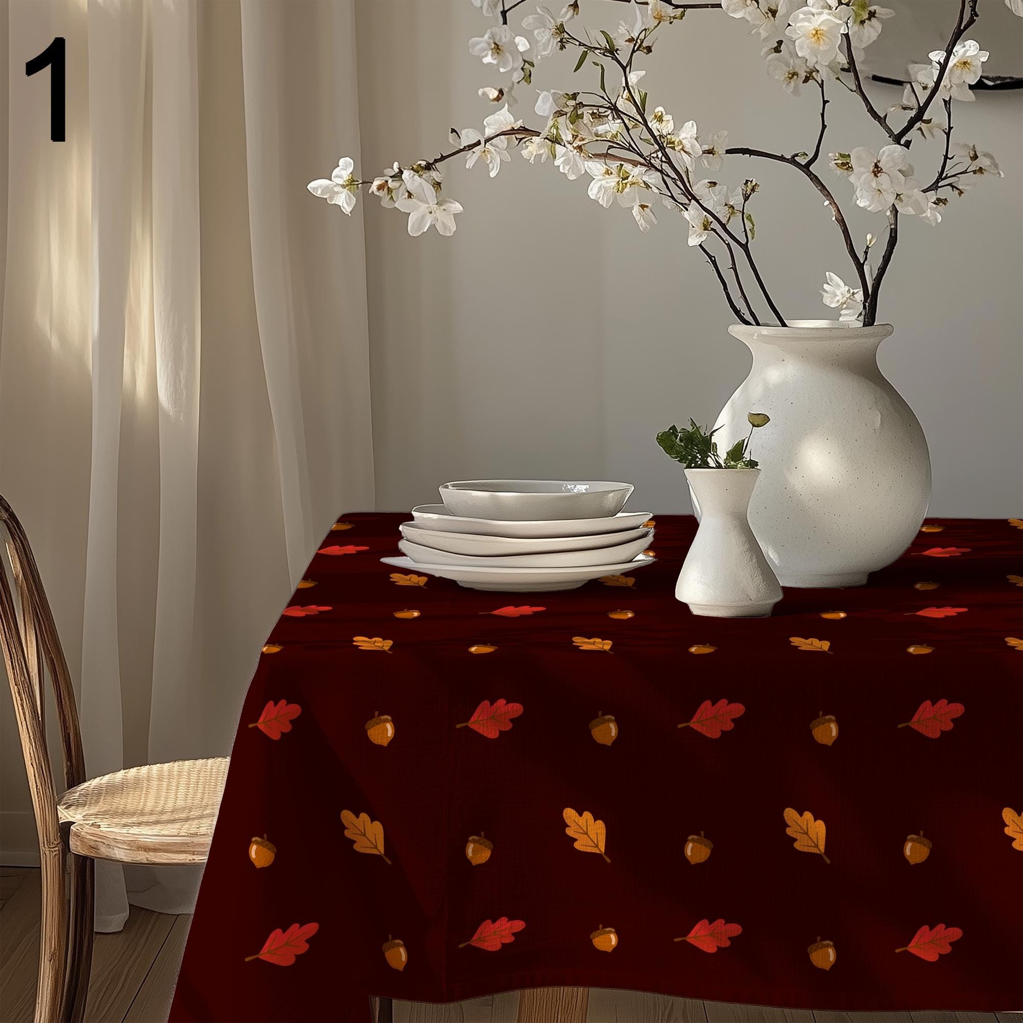 Autumn Leaf Tablecloth, Fall Acorn Table Cover, Thanksgiving Cotton Tablecloth, Harvest Kitchen Decor, Autumn Maple Leaves Table Linen
