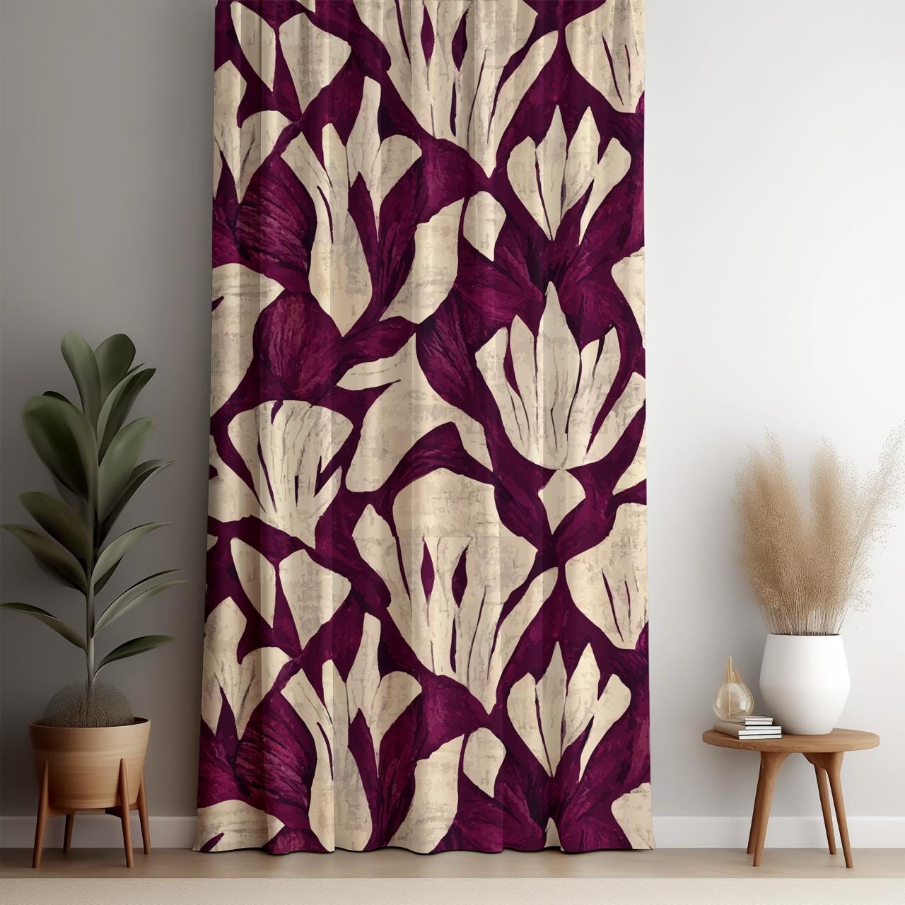 Floral Curtains, Purple Floral Print Curtain Panel, Deep Purple Floral Drapes, Purple and Cream Curtain Panels, Modern Floral Window Panel