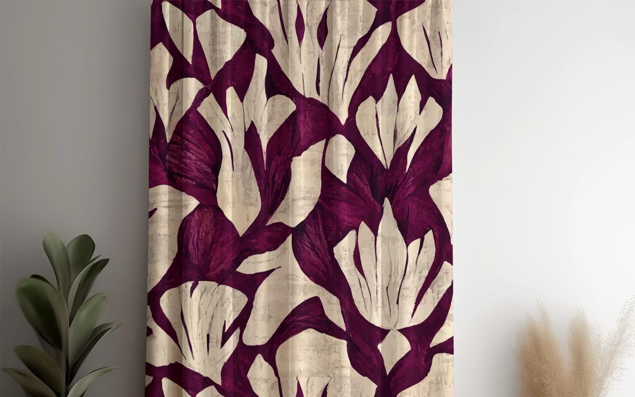 Floral Curtains, Purple Floral Print Curtain Panel, Deep Purple Floral Drapes, Purple and Cream Curtain Panels, Modern Floral Window Panel