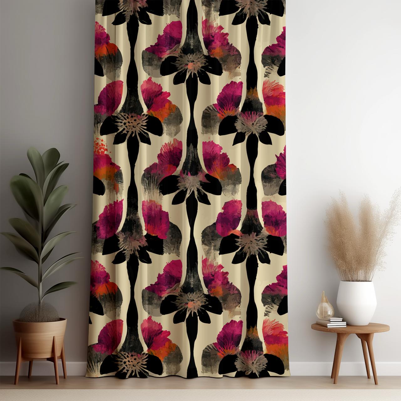 Modern Vintage Floral Curtains, Black Pink Purple Flowers Window Drapes, Flowers Print Curtains, Red Purple Floral Curtain Panels