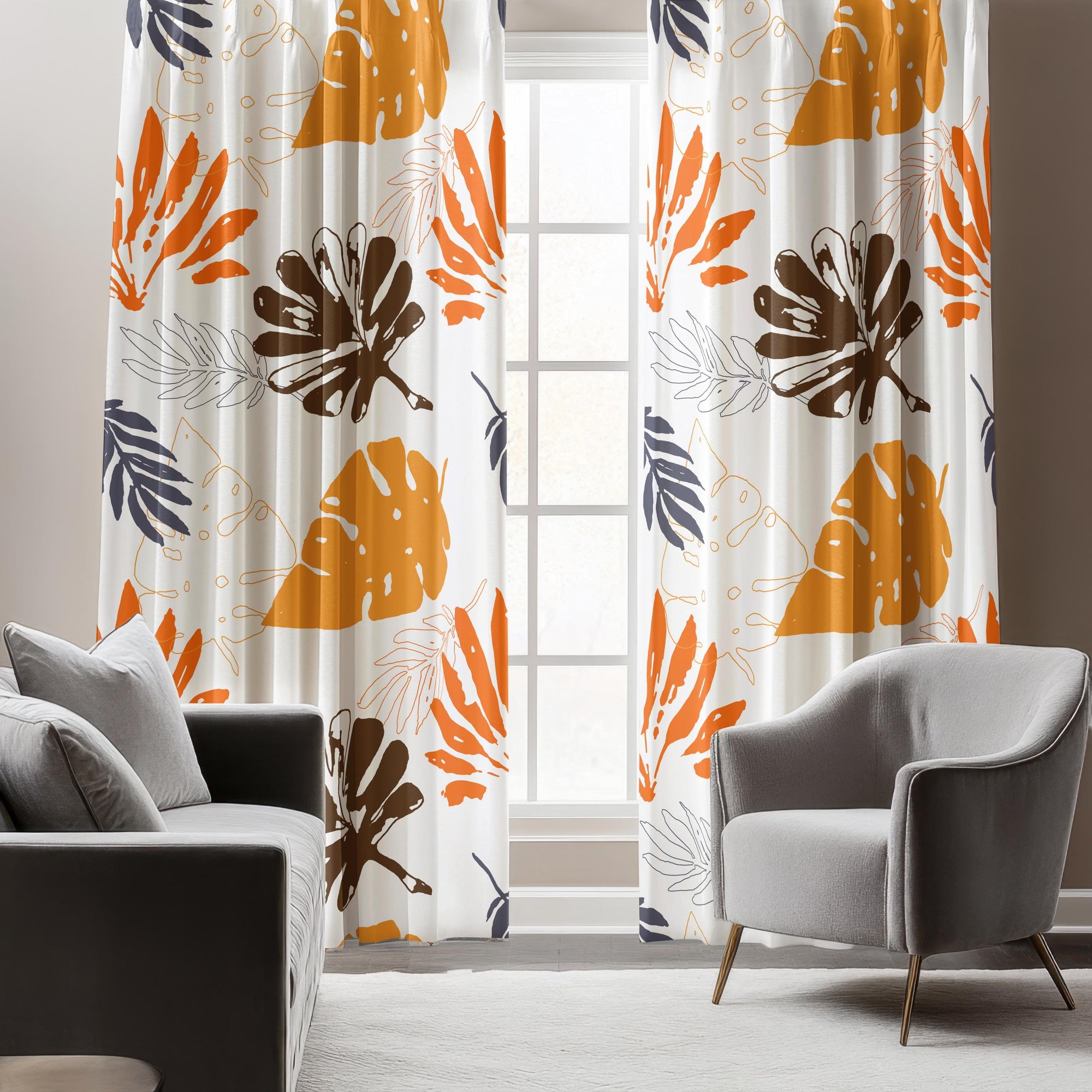 Bold Tropical Leaves Curtain, Orange Brown Monstera Print Window Panel for Fall Decor, Tropical Leaf Panels, Exotic Leaves Drapes
