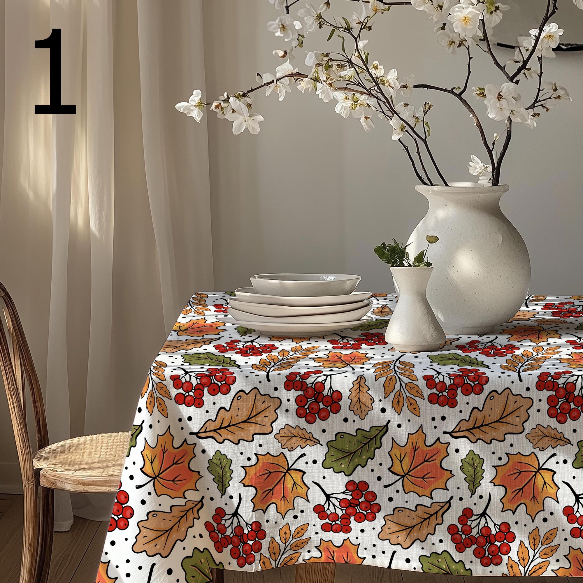 Fall Leaves Table Cloths, Autumn Floral Table Cover, Autumn Seasonal Table Decor, Fall Berries Kitchen Table Linens, Fall Party Decor