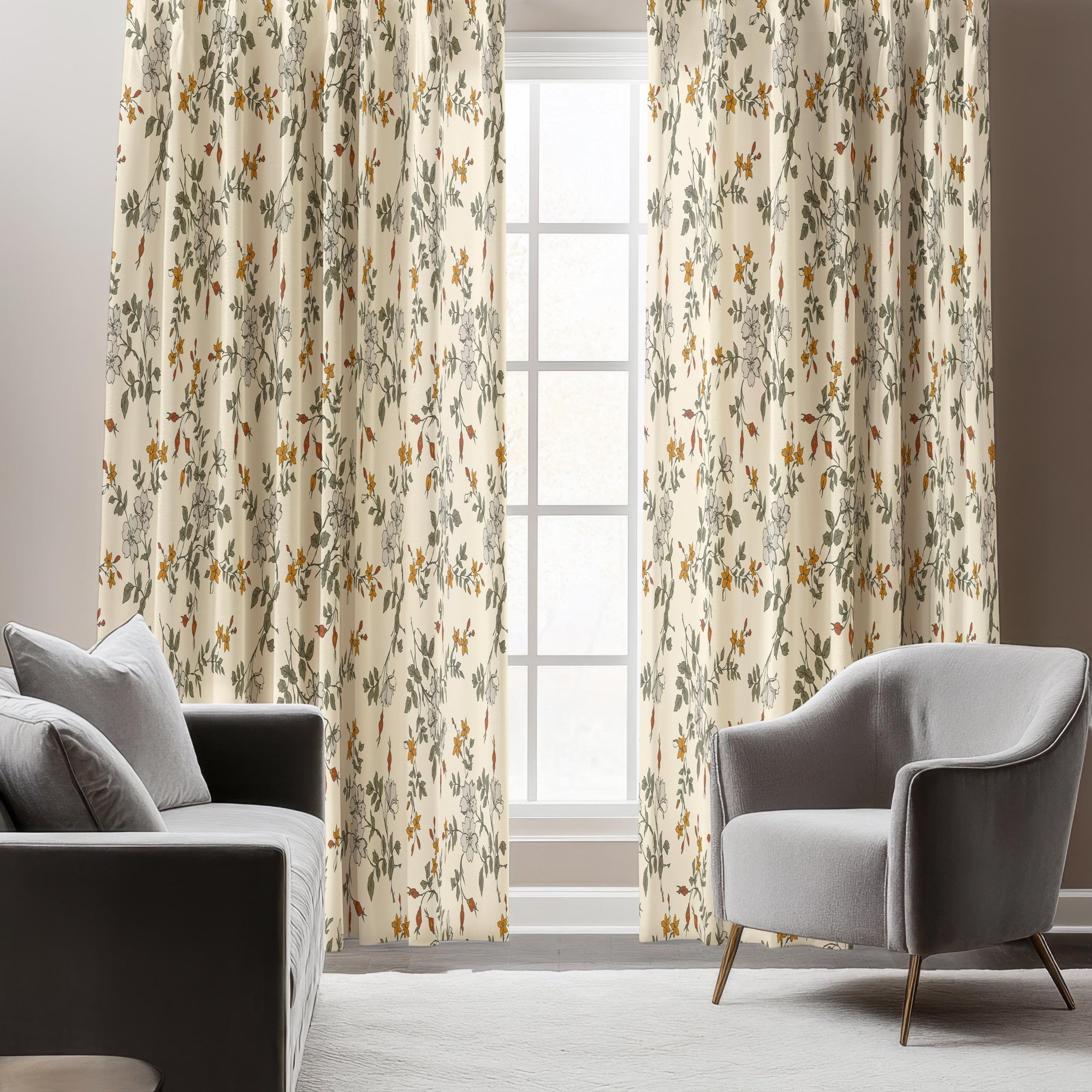Botanical Floral Curtains, Beige Vintage Style Flower Drapes, Farmhause Floral Curtain Panels, Floral Living Room Window Panel