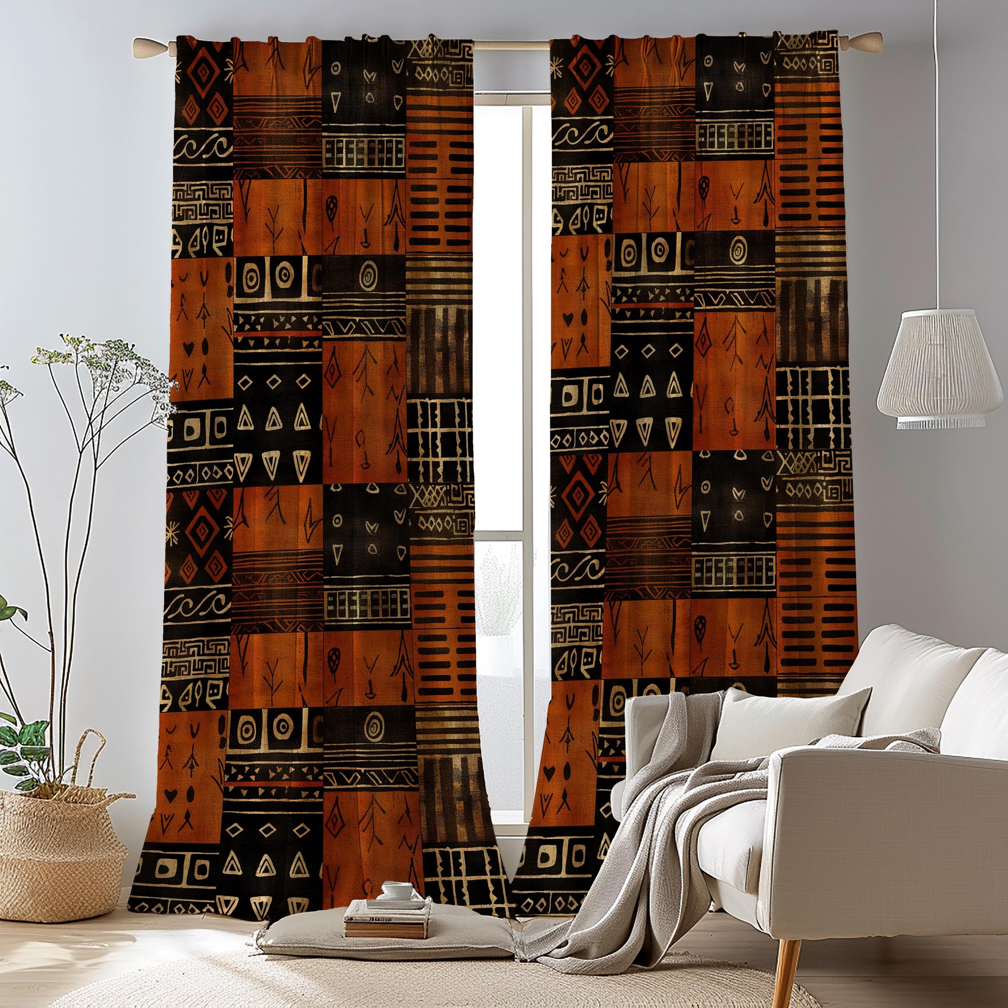 Ethnic Window Curtain Panels, African Mudcloth Curtain Panels, African Tribal Curtains, African Drapes, African Terracotta Printed Curtains