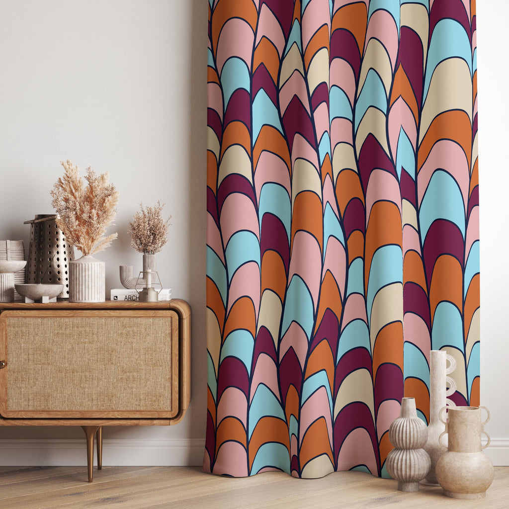 Retro Window Curtains, Mid Century Grommet Curtain, 70s Colorful Boho Curtain, Retro Abstract Style Living Room Drapes