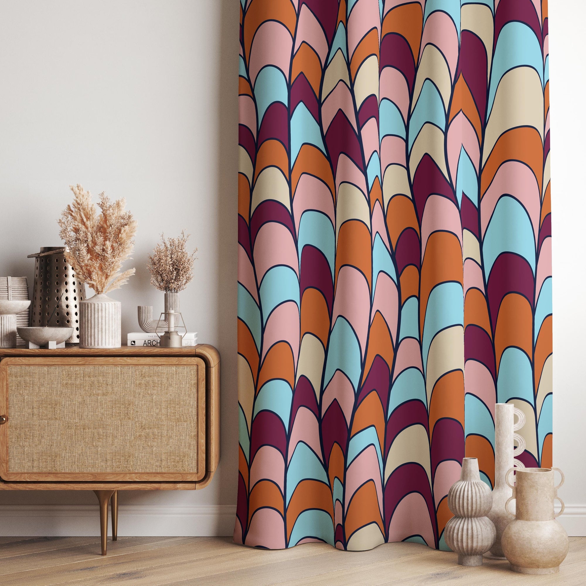 Retro Window Curtains, Mid Century Grommet Curtain, 70s Colorful Boho Curtain, Retro Abstract Style Living Room Drapes