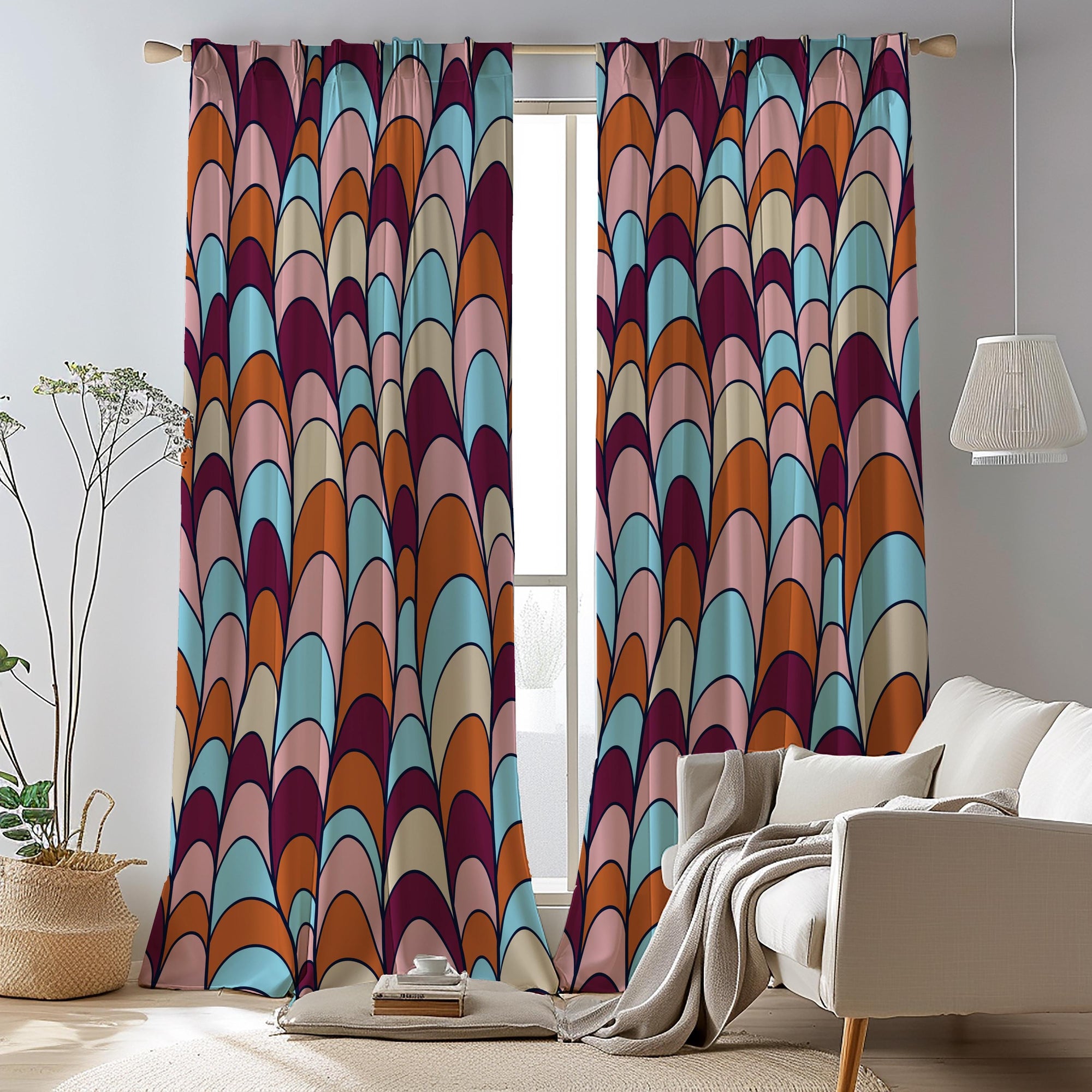 Retro Window Curtains, Mid Century Grommet Curtain, 70s Colorful Boho Curtain, Retro Abstract Style Living Room Drapes