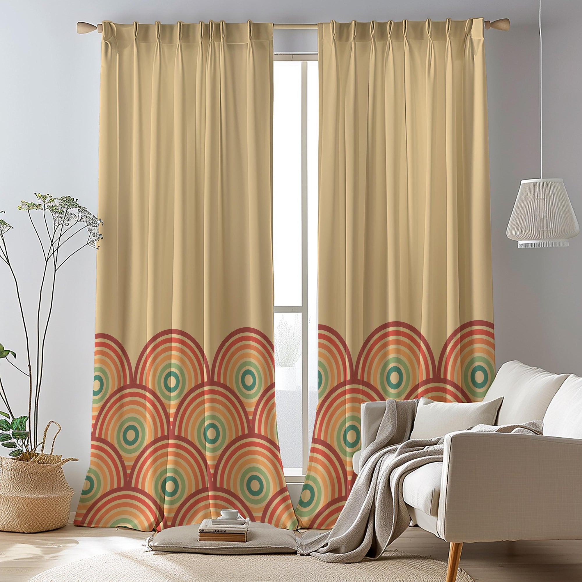 Retro Rainbow Window Curtains, Mid Century Modern Grommet Curtain, 70s Groovy Lines Curtain, Retro Abstract Style Living Room Drapes