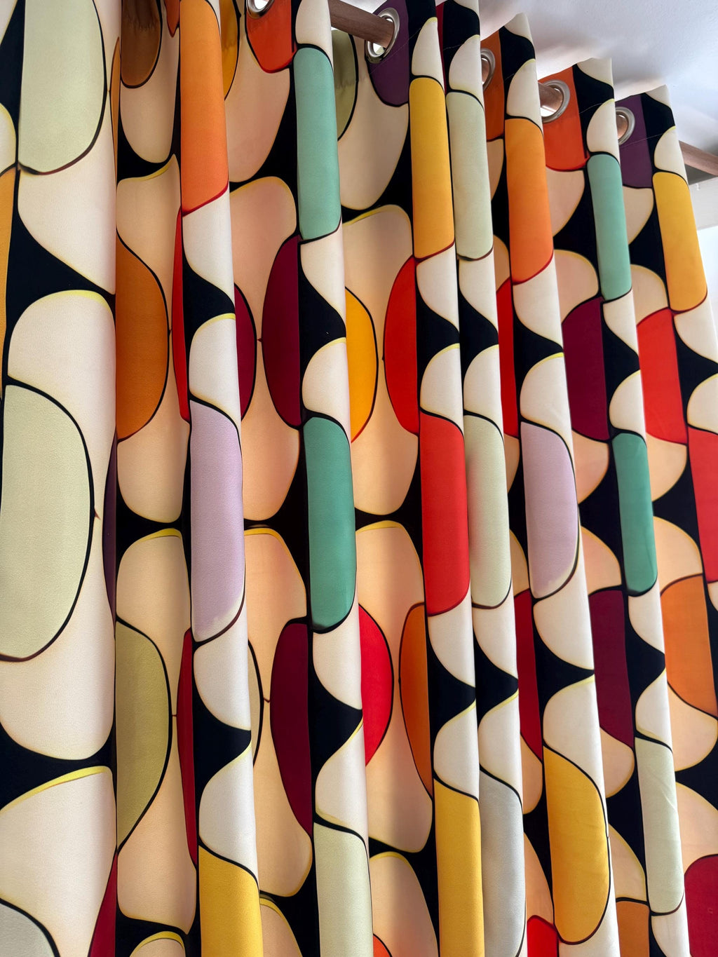 Retro Window Curtains, Mid Century Grommet Curtain, 70s Colorful Boho Curtain, Retro Abstract Style Living Room Drapes