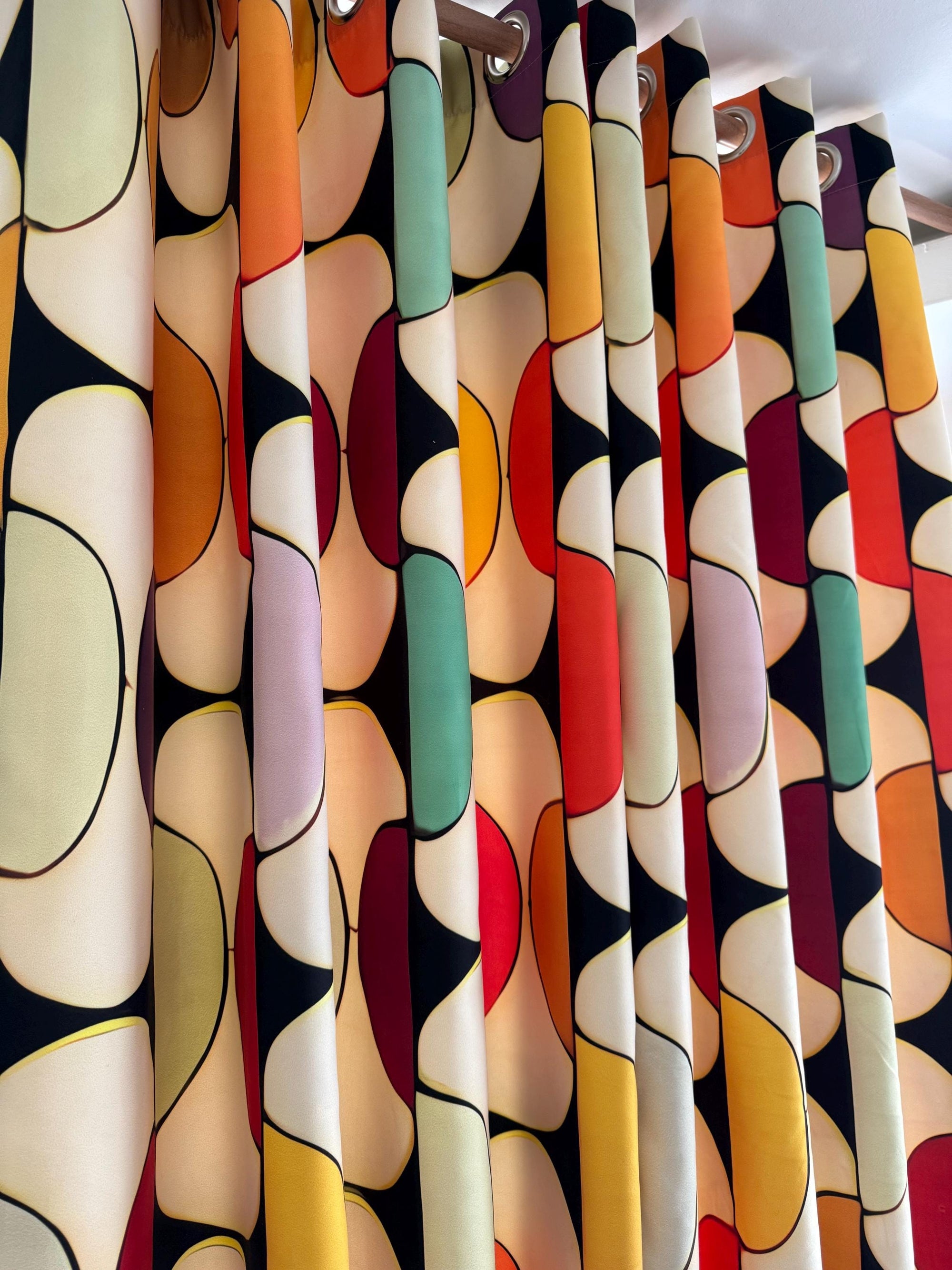 Retro Window Curtains, Mid Century Grommet Curtain, 70s Colorful Boho Curtain, Retro Abstract Style Living Room Drapes