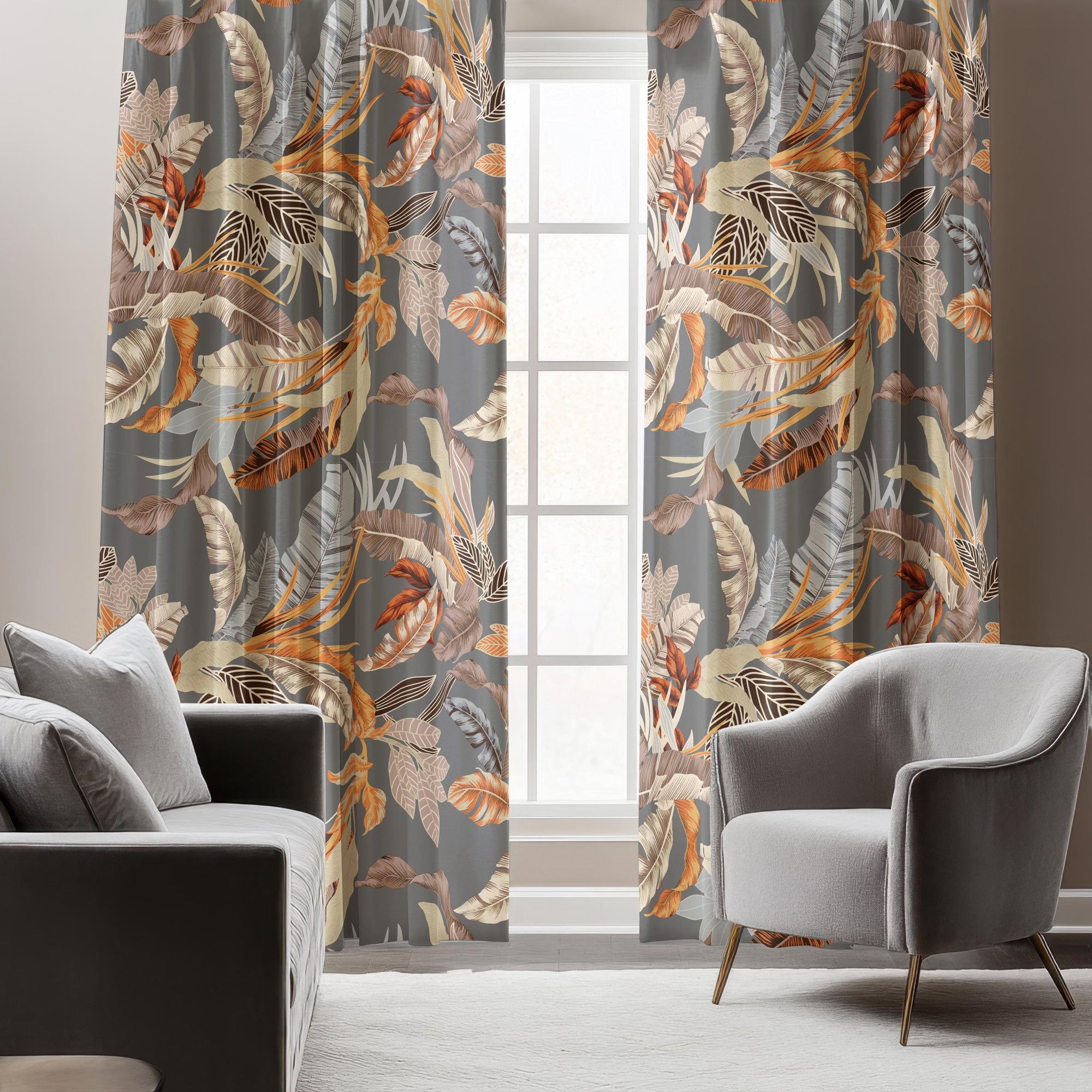 Tropical Leaf Curtains, Botanical Window Curtain Panels, Grey Tropical Curtain Panels, Tropical Drapes, Botanical Leaves Curtains