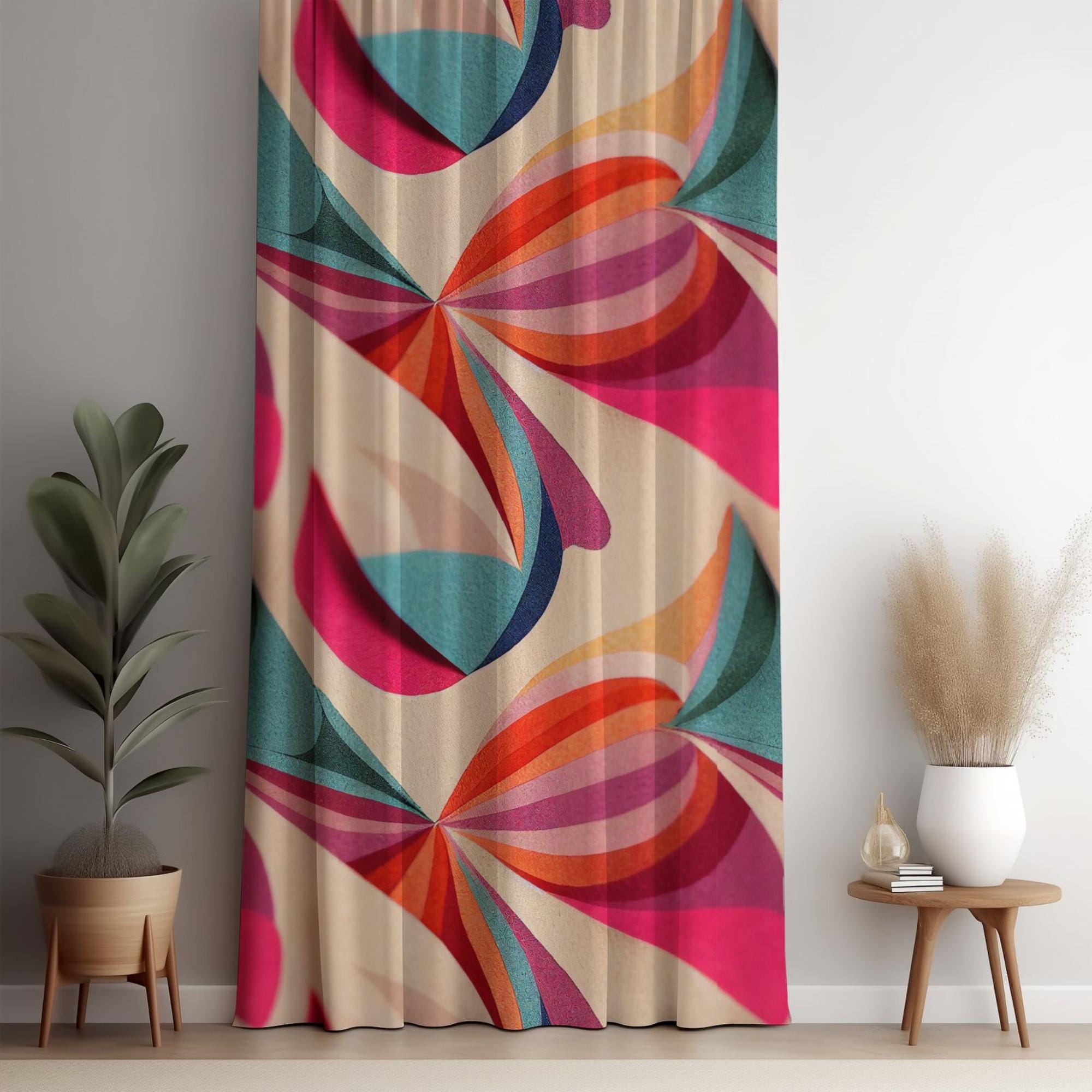 Mid Century Wavy Curtains, Retro Colorful Wavy Abstract Curtains, 60s Retro Abstract Curtain, 70s Retro Grommet Curtain Panels, MCM Drapes