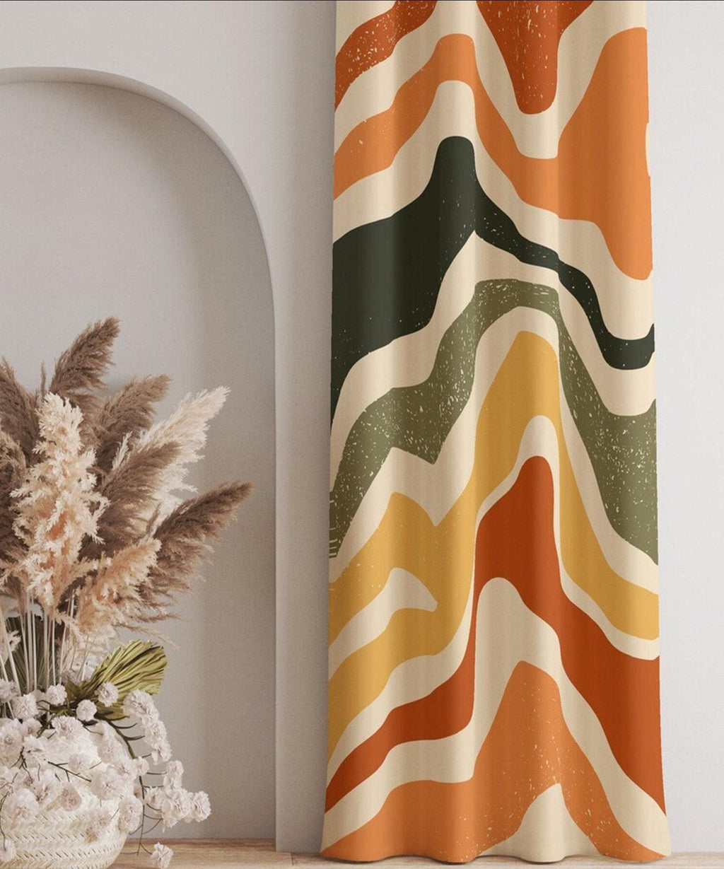 Retro Wavy Curtains, 70s Retro Wavy Window Curtain, Mid Century Modern Curtain Panels, Retro Wavy Abstract Style Living Room Curtains