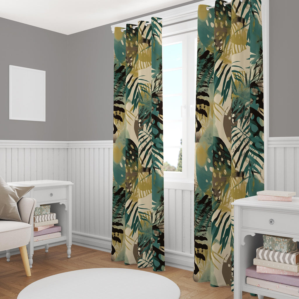 Tropical Abstract Leaf Curtain, Botanical Curtains, Tropic Green Leaves Grommet Curtains,  Exotic Leaf Curtain Panels, Botanical Drapes