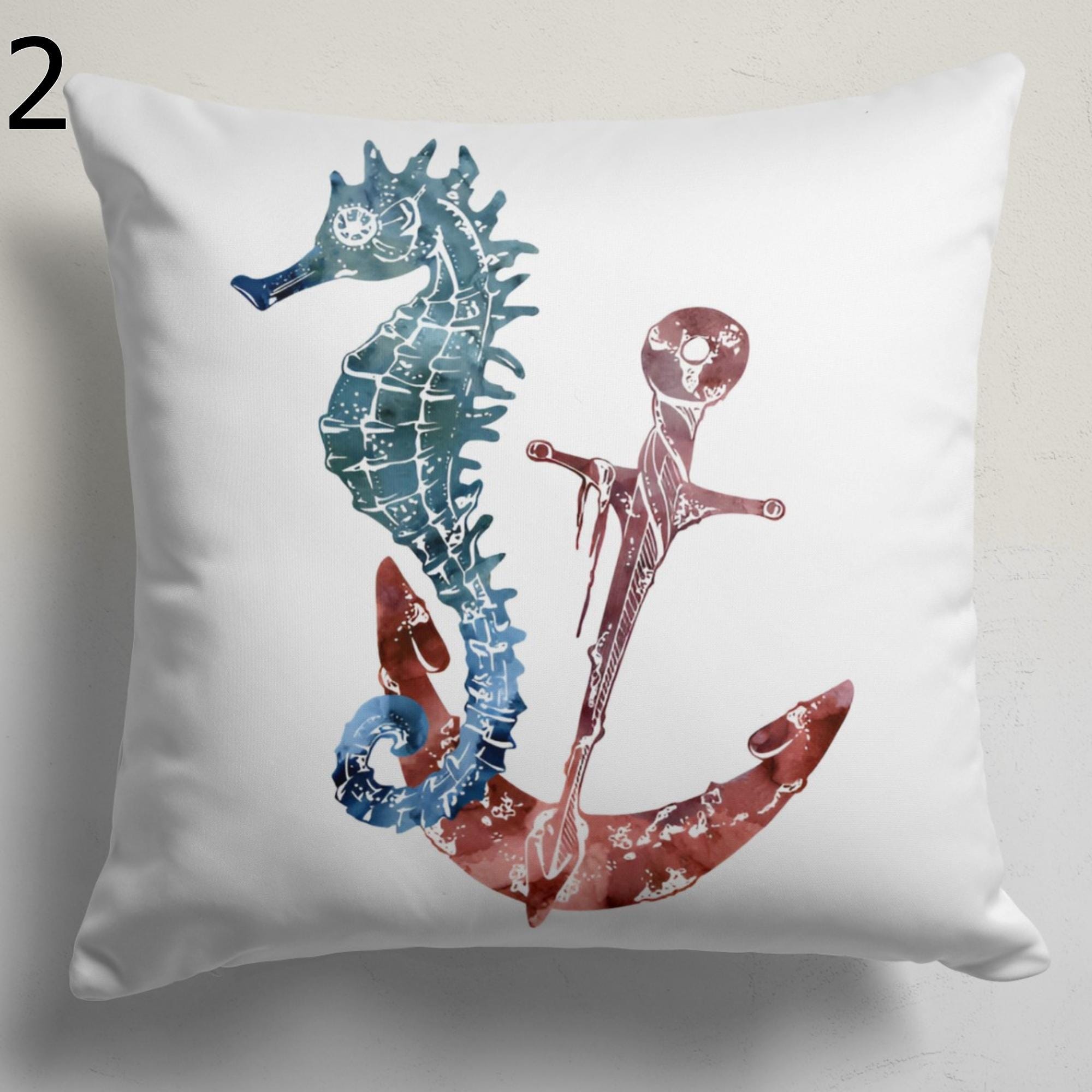 Coastal Sea Life Pillow Covers, Nautical Ocean Animal Cushion Cover, Seahorse Jellyfish Turtle Home Decor, Beach House Throw Pillow Covers