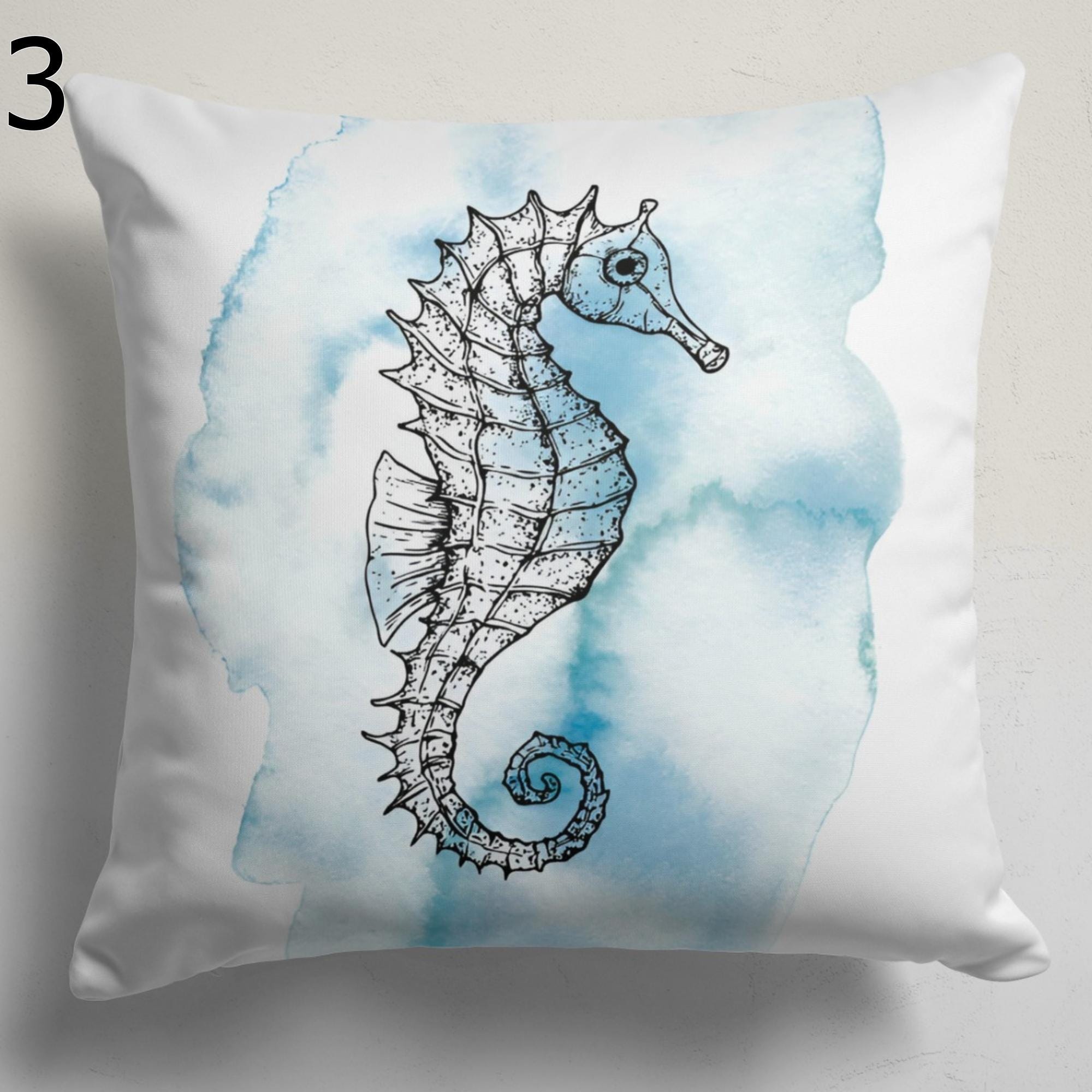 Coastal Sea Life Pillow Covers, Nautical Ocean Animal Cushion Cover, Seahorse Jellyfish Turtle Home Decor, Beach House Throw Pillow Covers