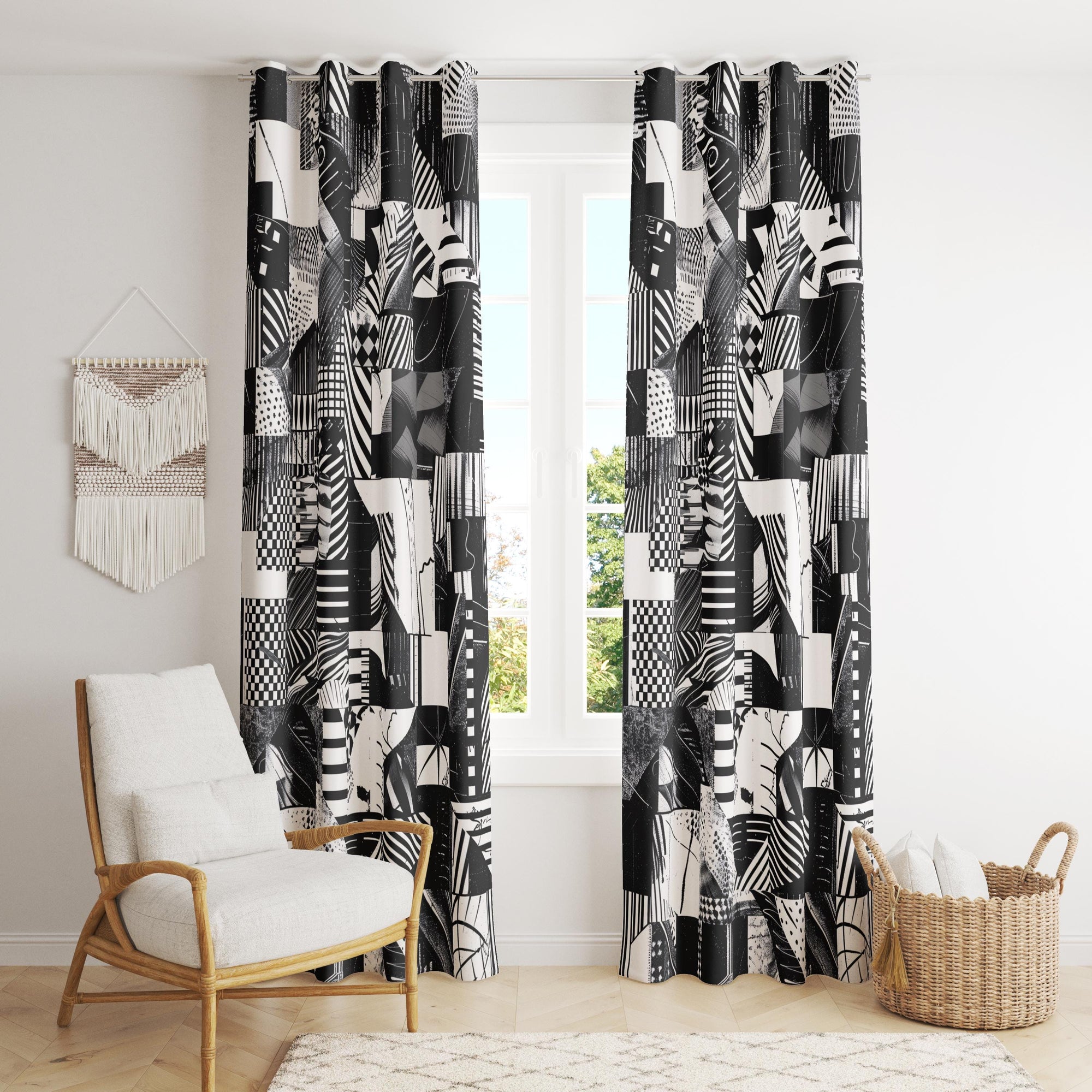 Black Curtain Panels, Retro Geometric Abstract Curtain, Black Abstract Retro Style Curtain, MCM Dark Gray Curtain, Black Bauhaus Drapes