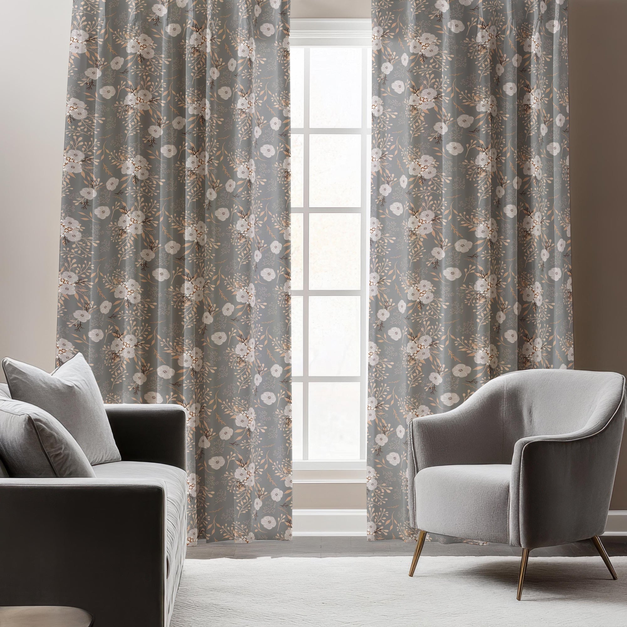 Vintage Gray Floral Curtains, Taupe Gray Botanical Window Drapes, Vintage Neutral Panels, Grey Floral Grommet Curtains