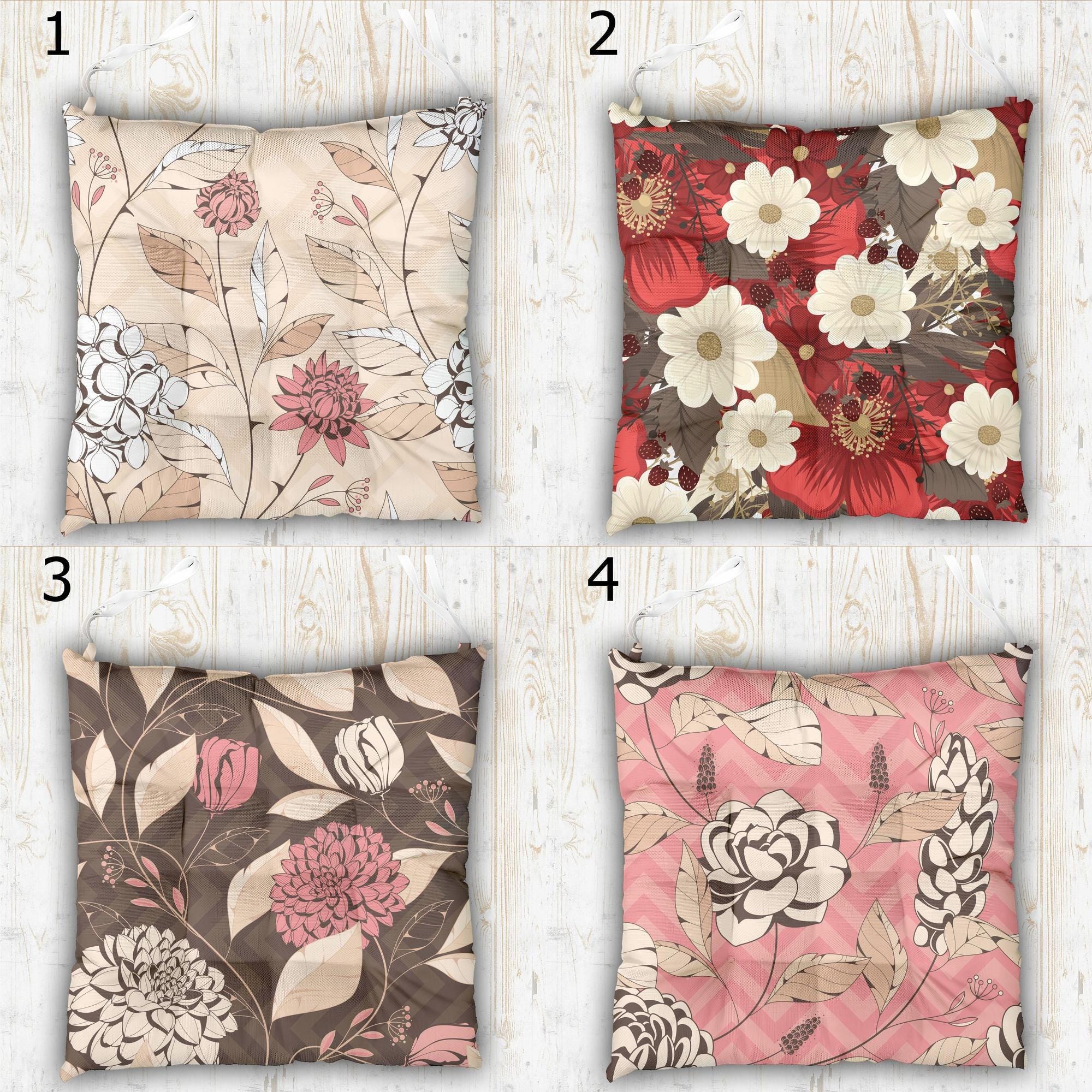 Floral Outdoor Print Chair Cushion, Flowers Waterproof Chair Pads, Colorful Floral Chair Pads with Ties, Summer Flowers Patio Chair Pads