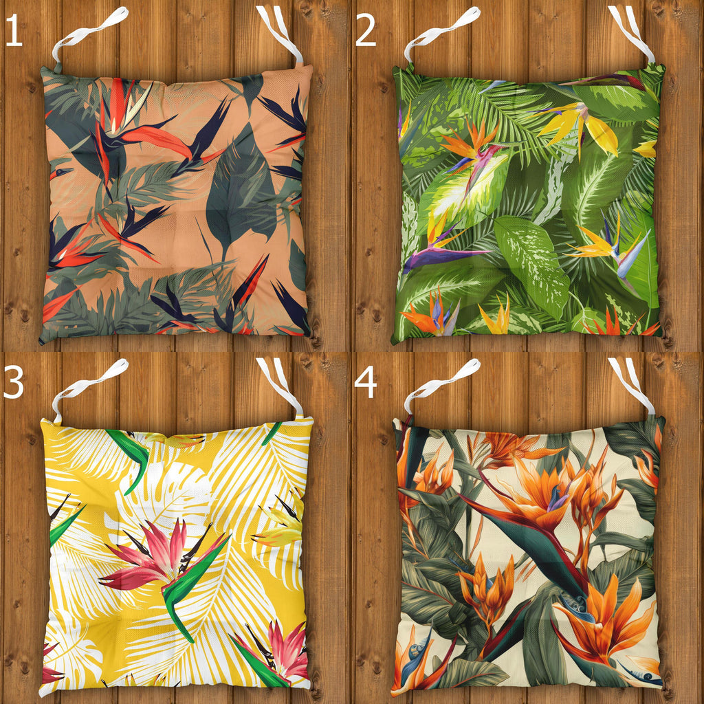Tropical Chair Cushions, Hawaiian Chair Cushions, Botanical Linen Seat Pads, Outdoor Patio Cushions, Exotic Floral Tie-On Chair Pads