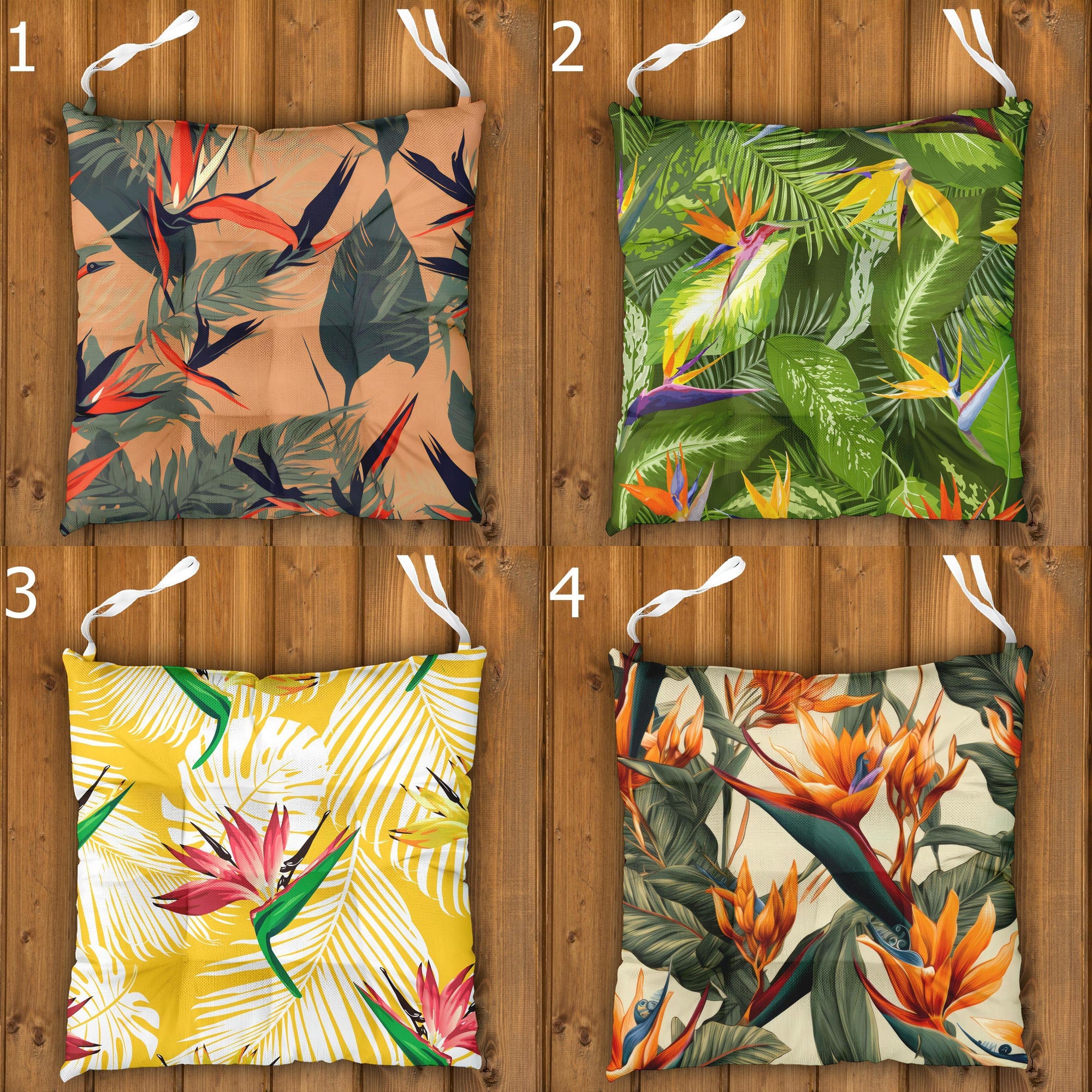Tropical Chair Cushions, Hawaiian Chair Cushions, Botanical Linen Seat Pads, Outdoor Patio Cushions, Exotic Floral Tie-On Chair Pads