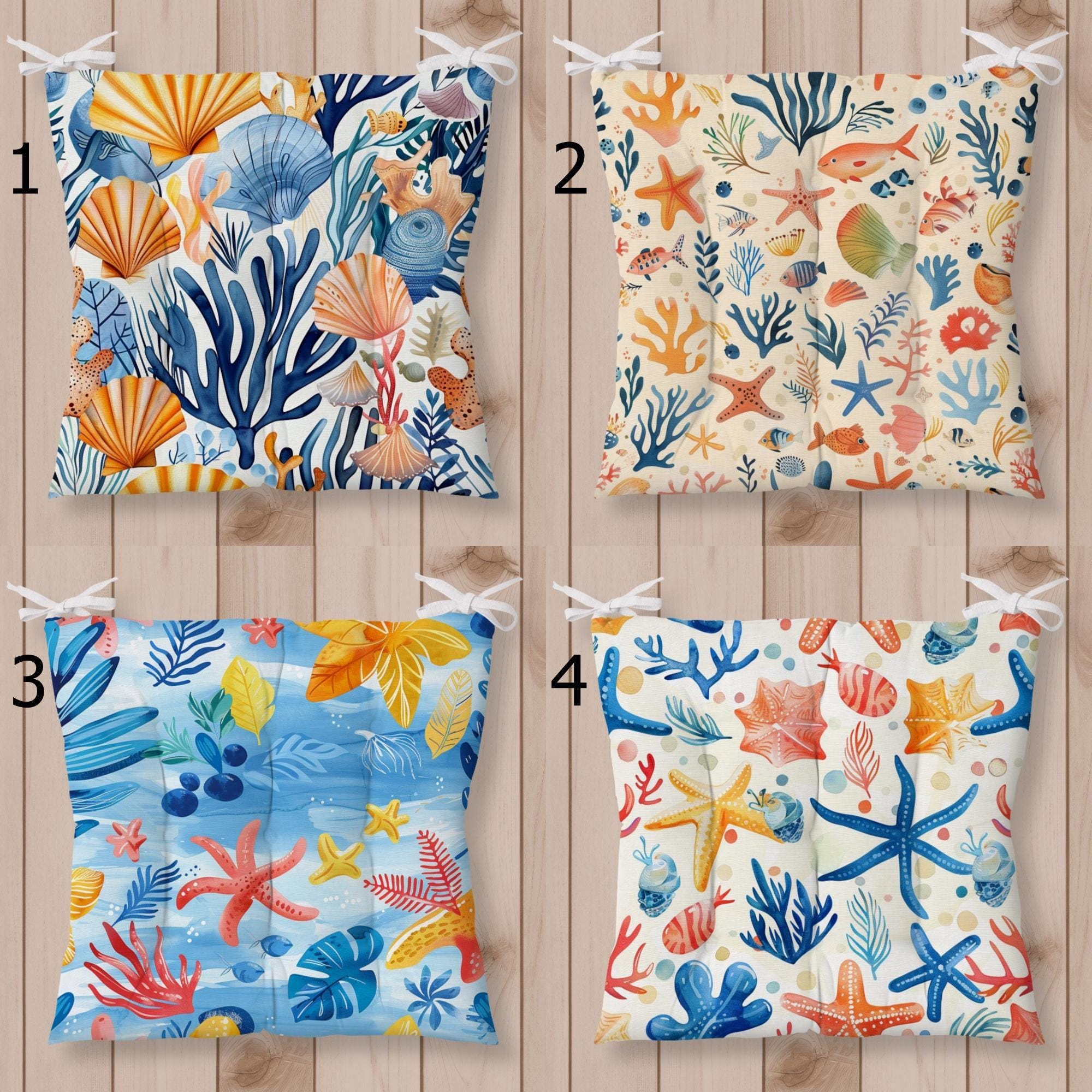 Coastal Chair Cushions with Ties, Beach Themed Starfish & Shell Seat Pads for Summer Decor