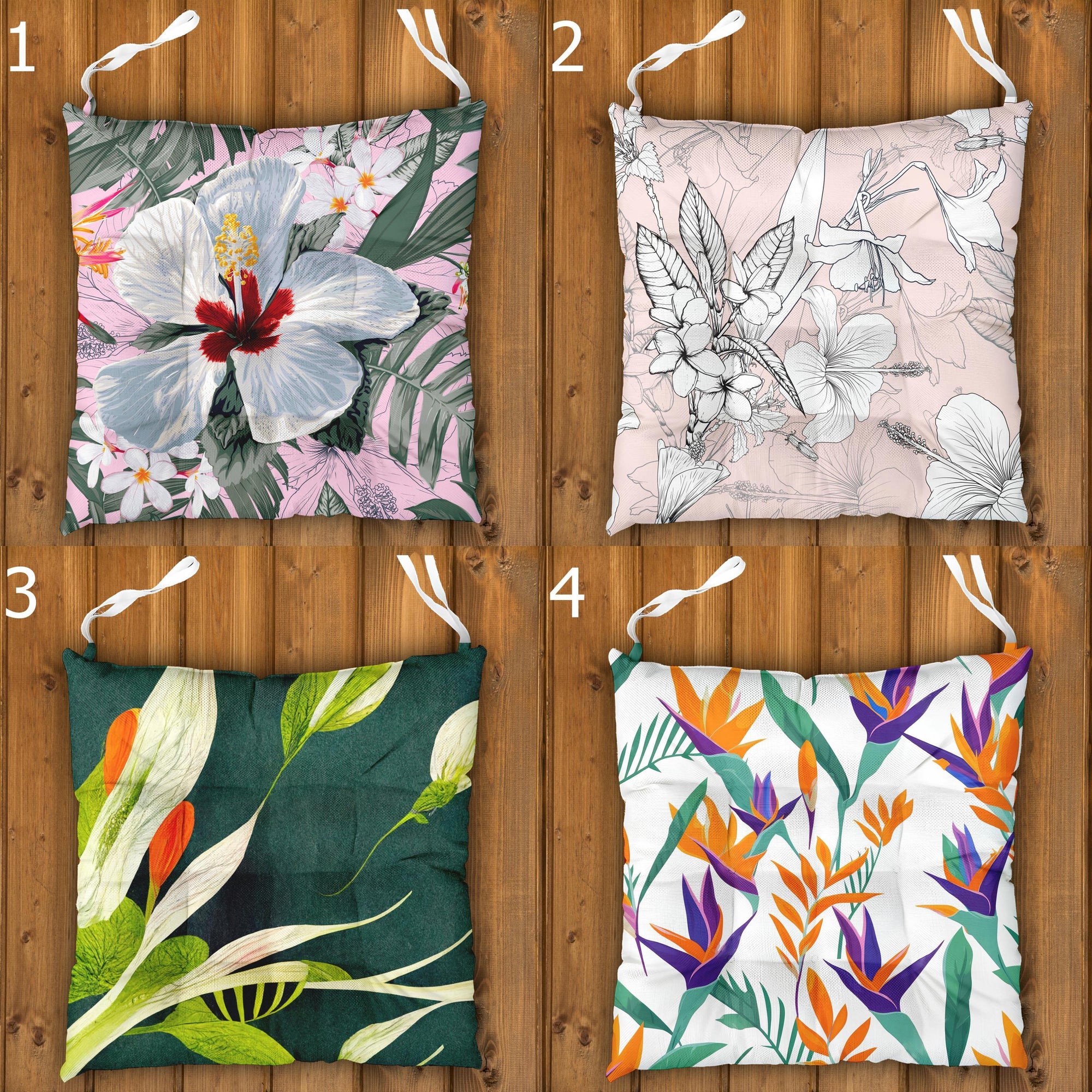 Tropical Chair Cushions, Hawaiian Chair Cushions, Botanical Seat Pads, Outdoor Patio Cushions, Exotic Floral Tie-On Chair Pads