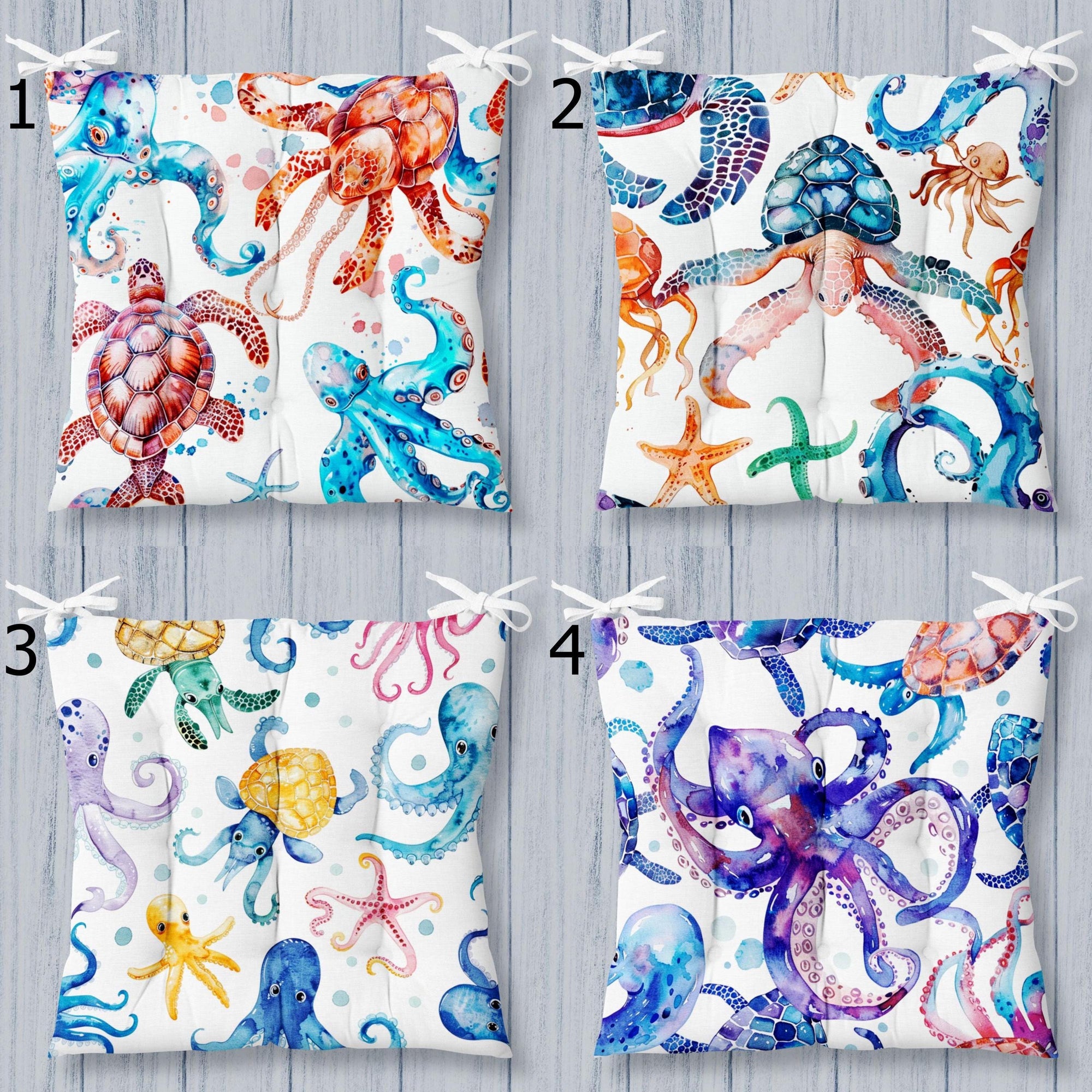 Coastal Sea Life Chair Cushion, Nautical Octopus & Turtle Seat Pads, Ocean Theme Chair Pads, Beach House Decor Chair Pads