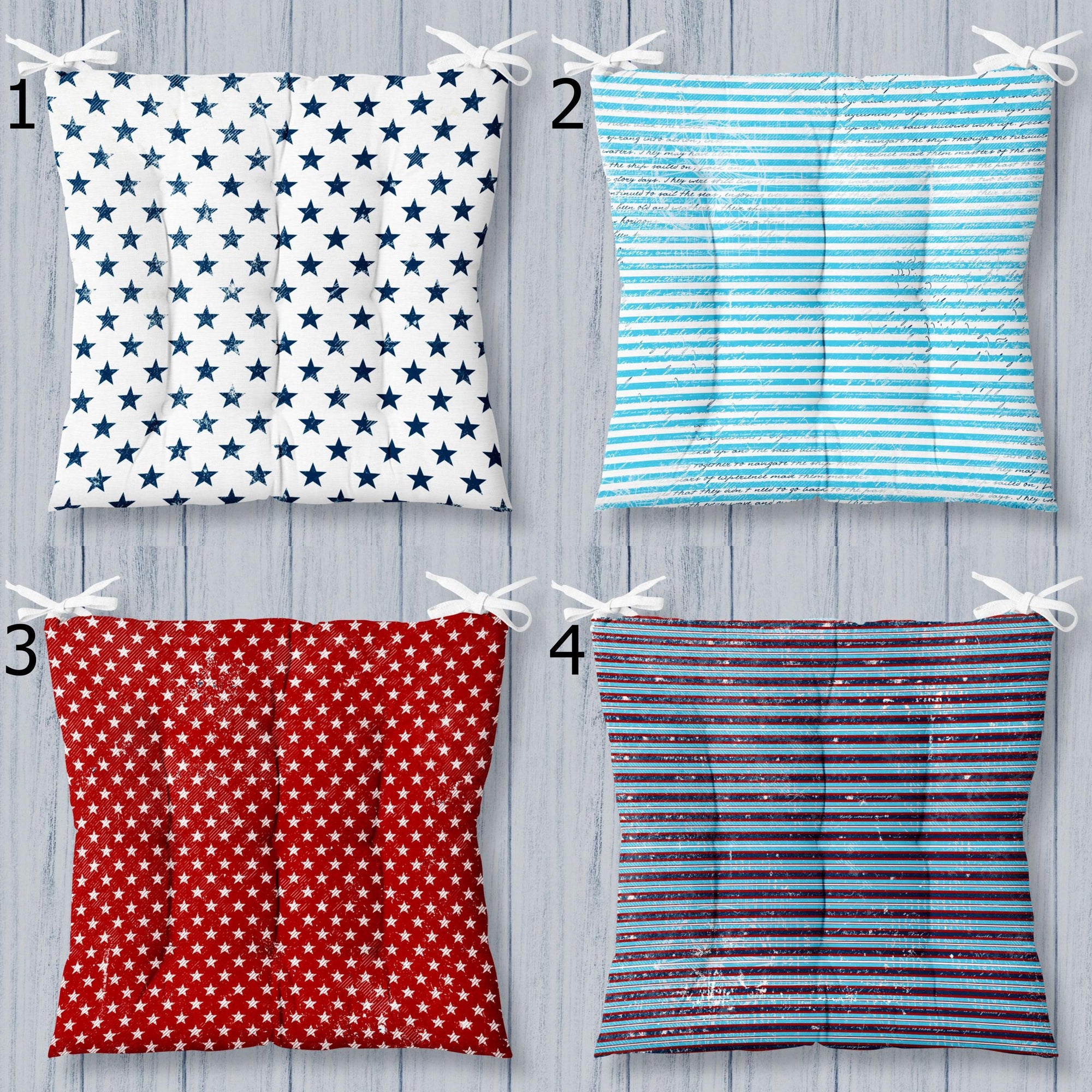 Patriotic Stars Stripes Chair Cushions, Coastal Americana Chair Pads, Americana-Inspired Seat Pads, Classic Red, White Blue Chair Pads