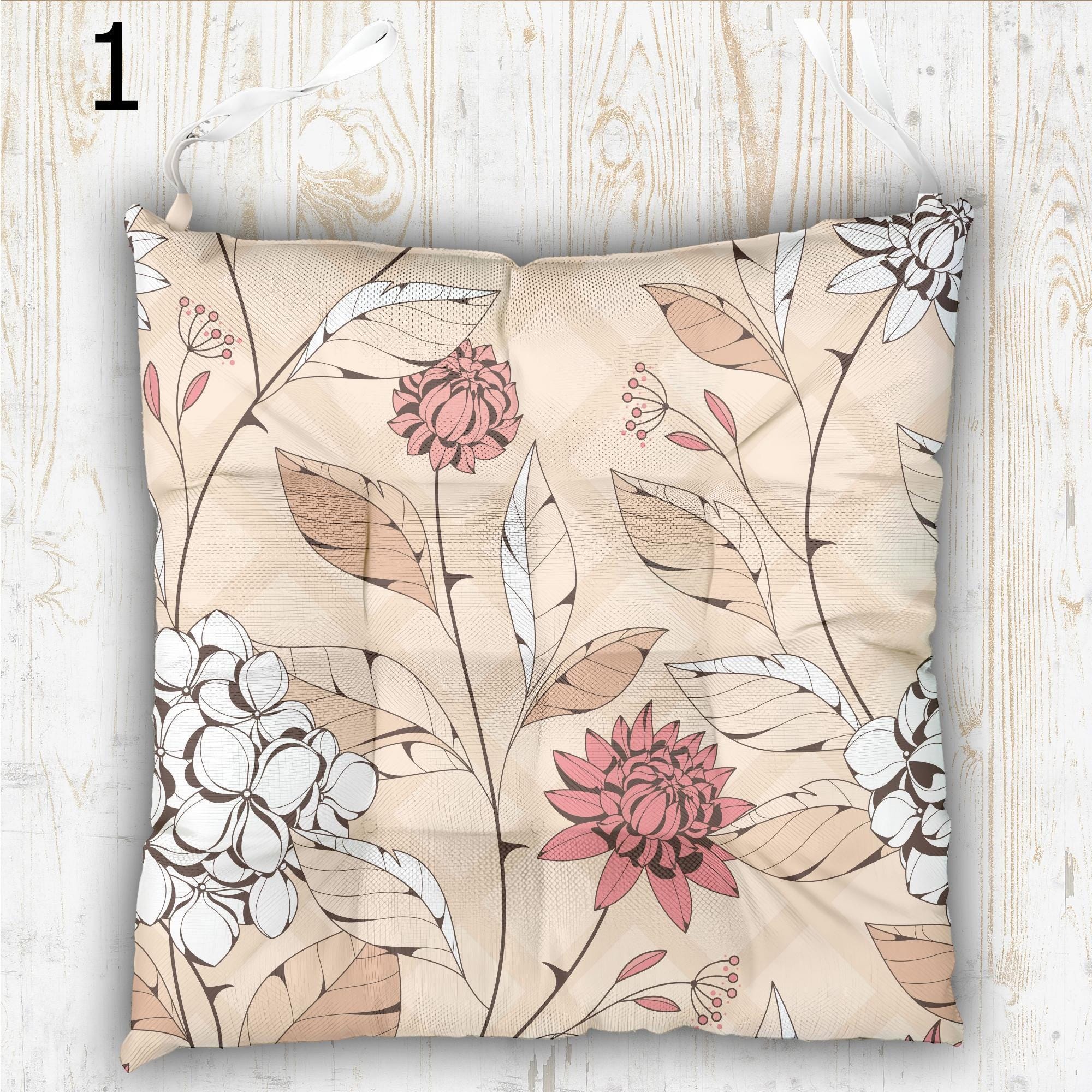 Floral Outdoor Print Chair Cushion, Flowers Waterproof Chair Pads, Colorful Floral Chair Pads with Ties, Summer Flowers Patio Chair Pads