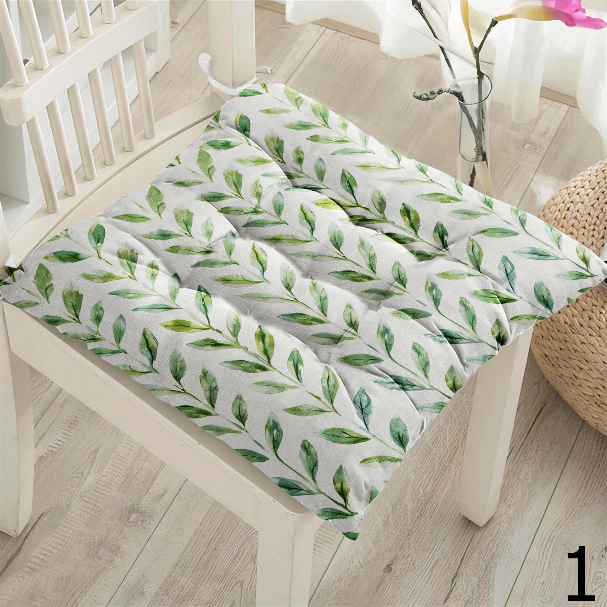 Botanical Chair Cushion, Green Leaves Chair Cushion with Ties, Garden Patio Square Chair Cushions, Square Green Leaf Chair Pads with Ties