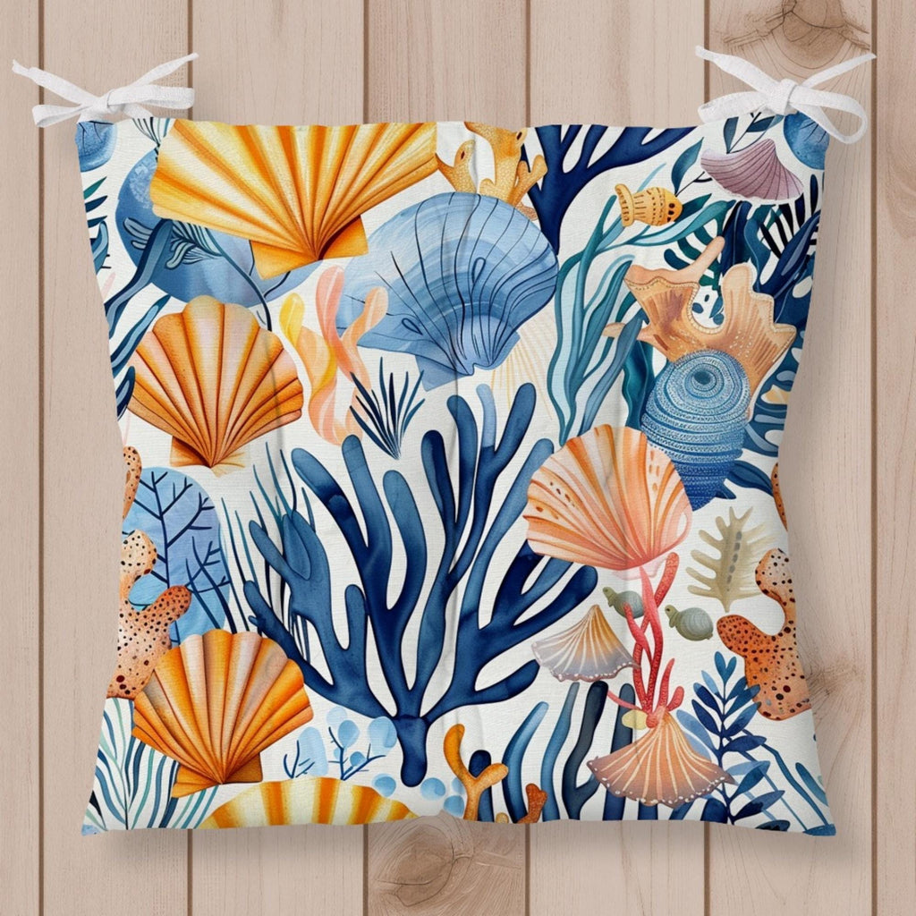 Coastal Chair Cushions with Ties, Beach Themed Starfish & Shell Seat Pads for Summer Decor