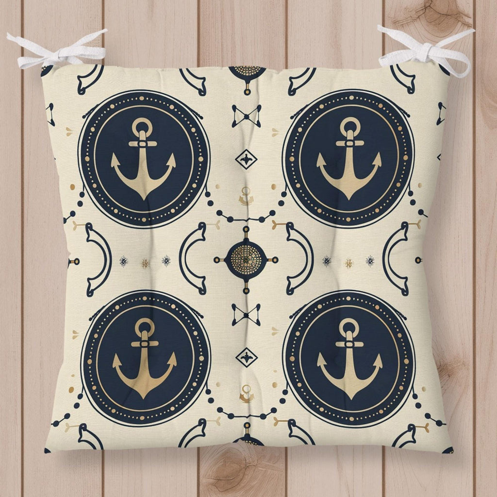 Nautical Square Chair Pad, Anchor Chair Cushion with Ties, Marine Chair Pads with Ties, Sailor Patio Chair Cushions, Summer Chair Cushions