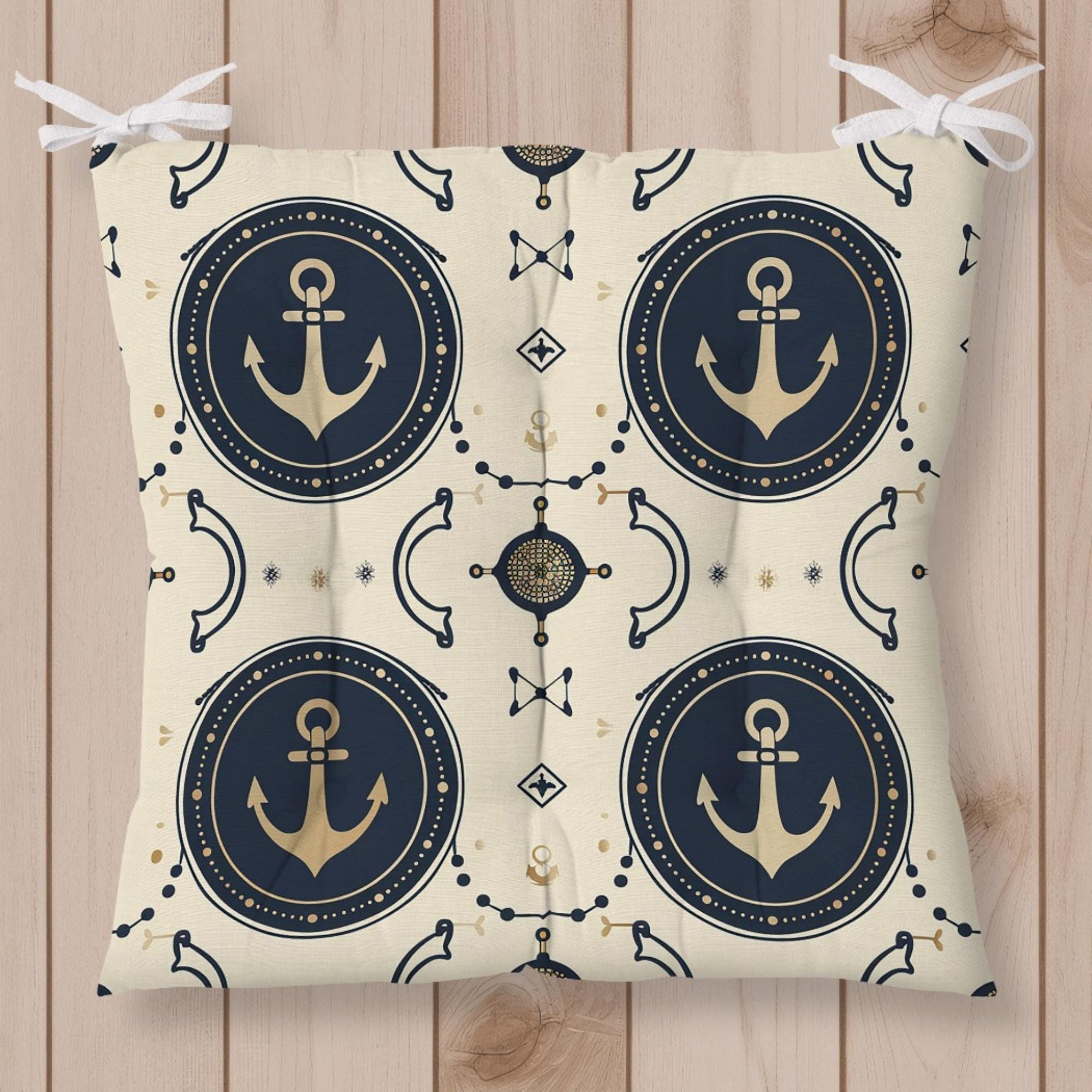 Nautical Square Chair Pad, Anchor Chair Cushion with Ties, Marine Chair Pads with Ties, Sailor Patio Chair Cushions, Summer Chair Cushions