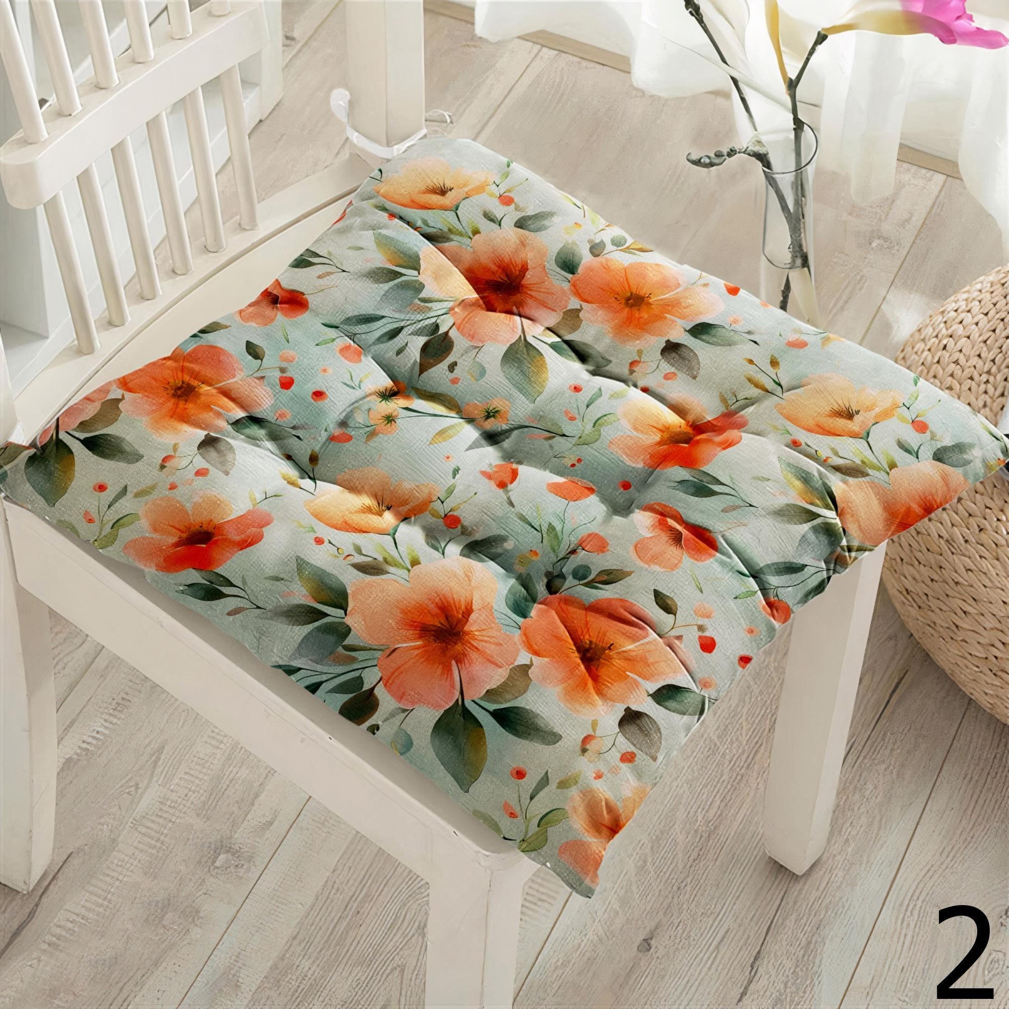 Floral Square Chair Pad, Wildfowers Chair Cushion with Ties, Floral Style Patio Chair Cushions, Colorful Floral Chair Pads
