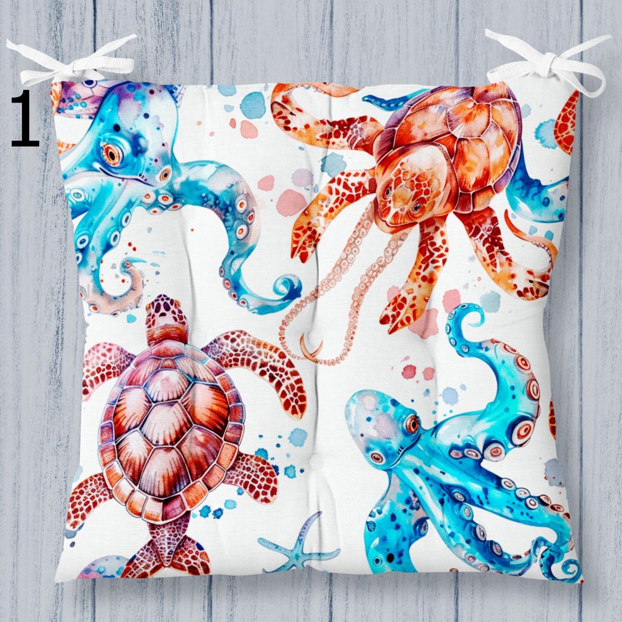 Coastal Sea Life Chair Cushion, Nautical Octopus & Turtle Seat Pads, Ocean Theme Chair Pads, Beach House Decor Chair Pads